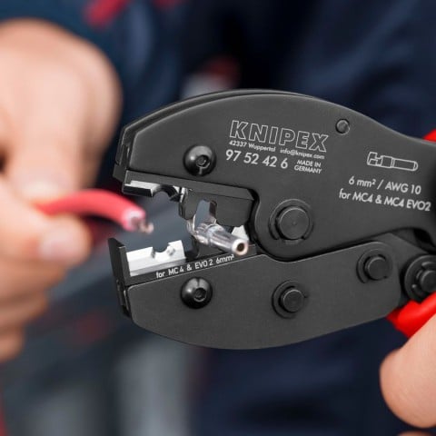Knipex 97 52 42 6 PreciForce Crimping Pliers for MC4/MC4 Evo 2 - in use