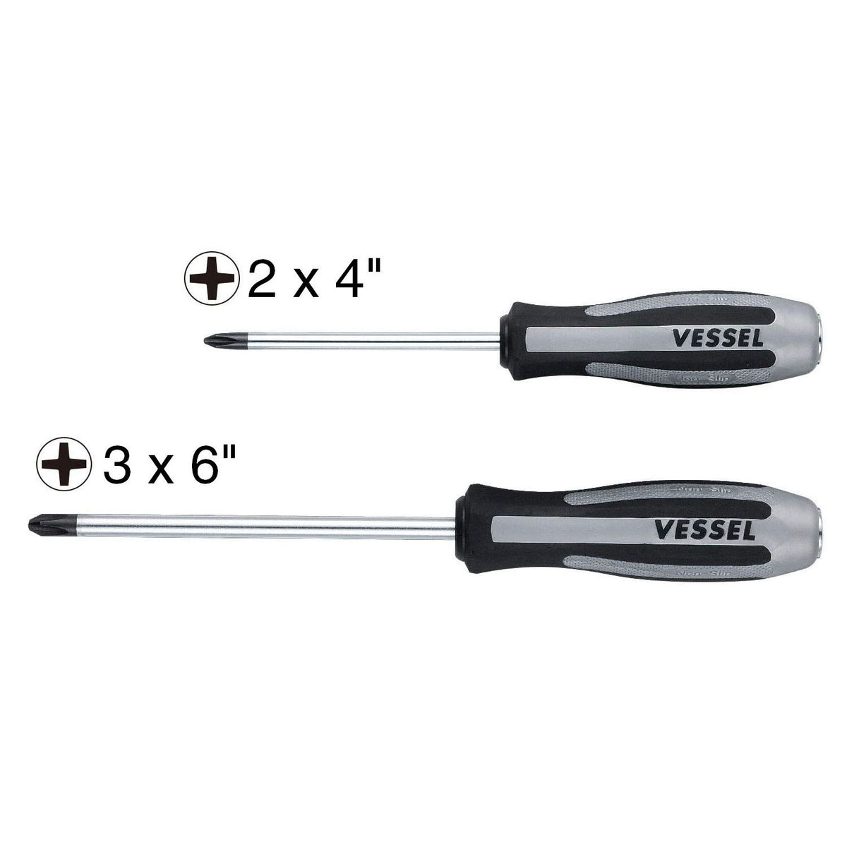 Vessel 9802SC Megadora Impacta screwdriver set showing #2 x 4-in. and #3 x 6-in. Phillips blades