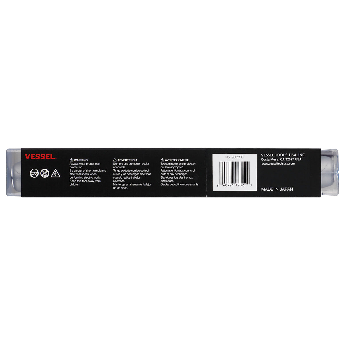 Back of Vessel Megadora Impacta 9802SC packaging with safety warnings and Made in Japan label