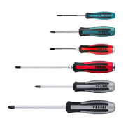Vessel 9806JSPB Megadora JISDRIVE 6-piece Phillips screwdriver set laid out showing all grip colors