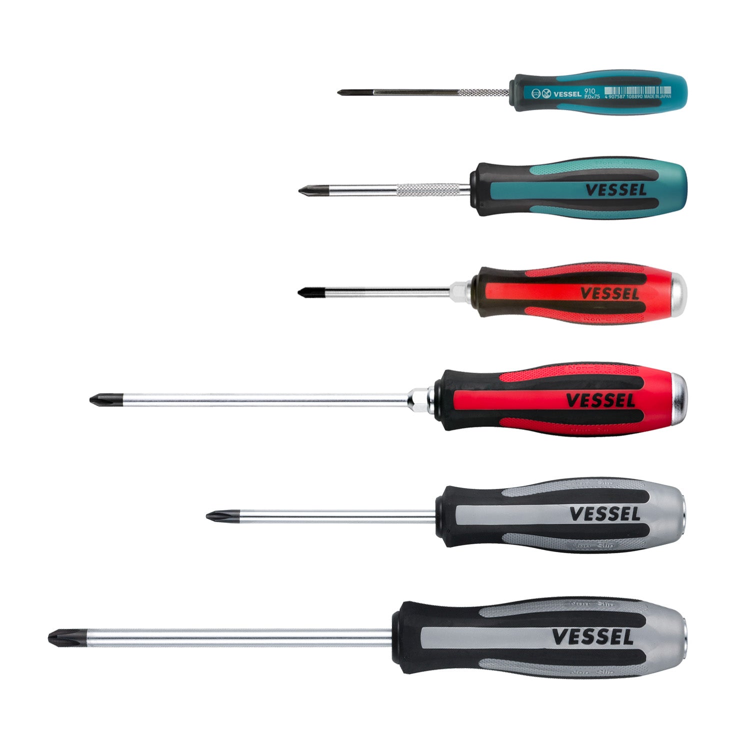 Vessel 9806JSPB Megadora JISDRIVE 6-piece Phillips screwdriver set laid out showing all grip colors
