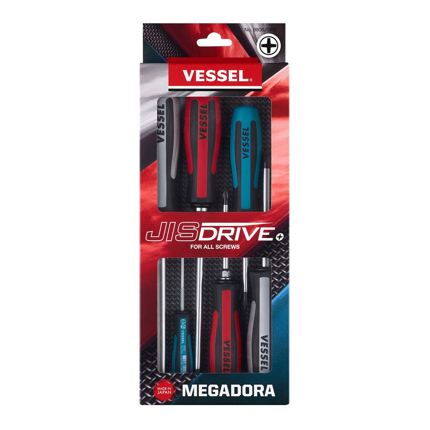 Vessel Megadora JISDRIVE 9806JSPB 6-piece screwdriver set in retail packaging, Made in Japan