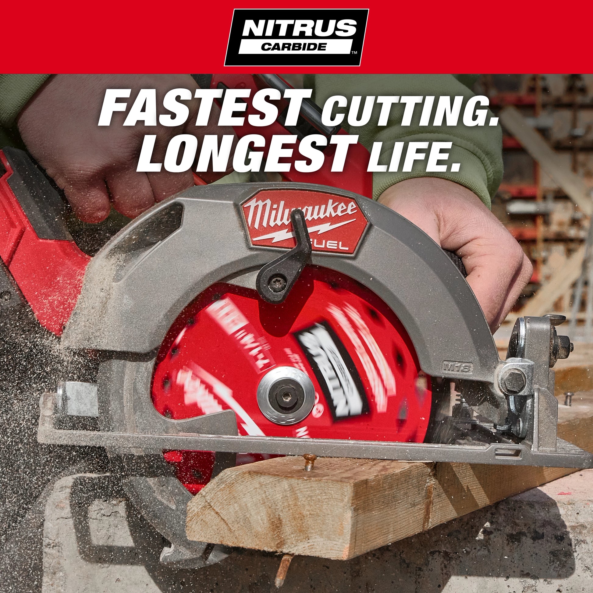 Milwaukee 7-1/4-inch NITRUS Carbide circular saw blade cutting through lumber