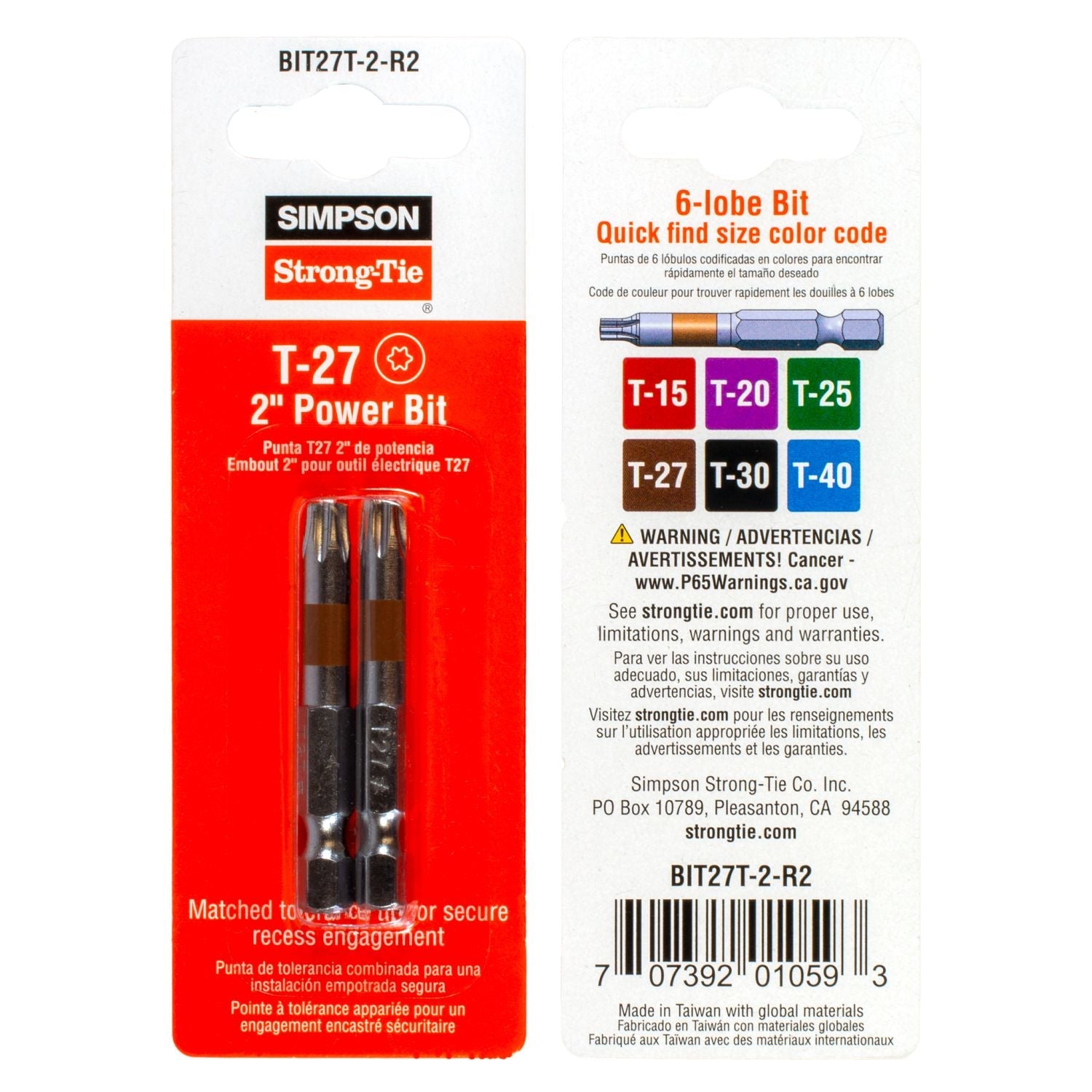 Simpson Strong-Tie BIT27T-2-R2 T27 6-Lobe-Drive 2-in. Power Bit, 2-Pack