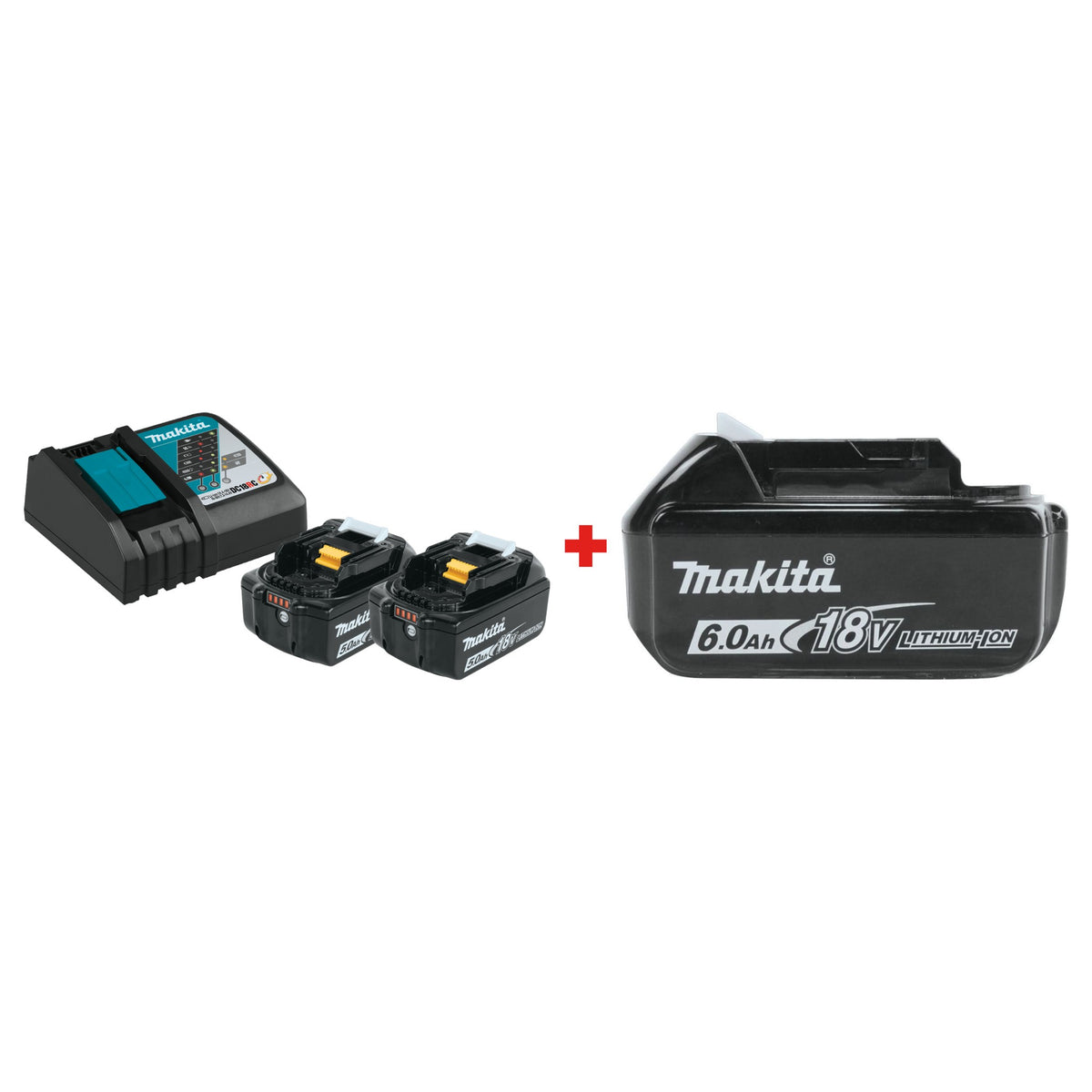 Makita BL1850BDC2X1 5.0Ah battery and Rapid Optimum Charger starter pack with extra BL1860B 6.0Ah battery