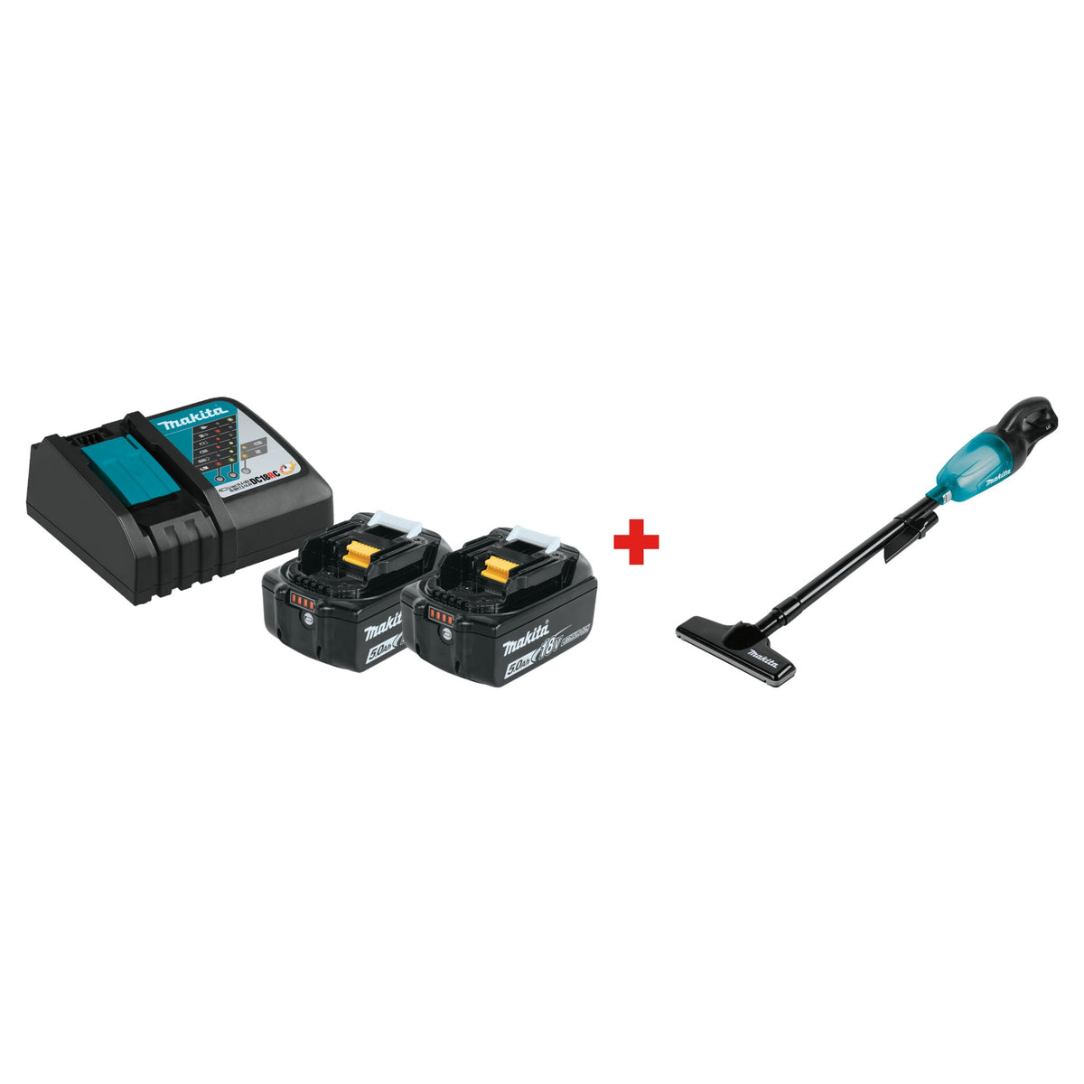 Makita XLC02ZB 18V LXT Compact Cordless Vacuum with BL1850BDC2X1 5.0Ah battery and Rapid Optimum Charger starter pack