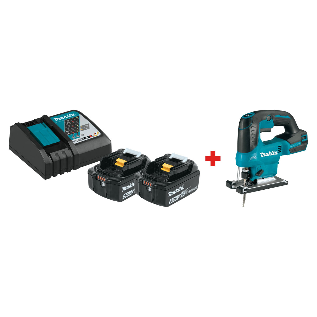 Makita XVJ04Z 18V LXT Brushless Cordless Jig Saw with BL1850BDC2X1 5.0Ah battery and Rapid Optimum Charger starter pack