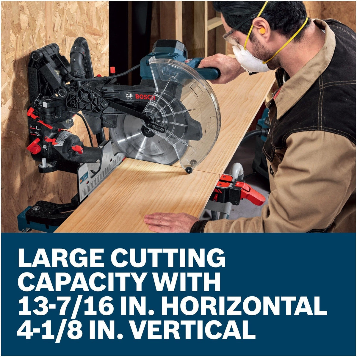 Woodworker crosscutting a wide board on the Bosch EXCM341-305GD 12-in. dual-bevel glide miter saw in a shop