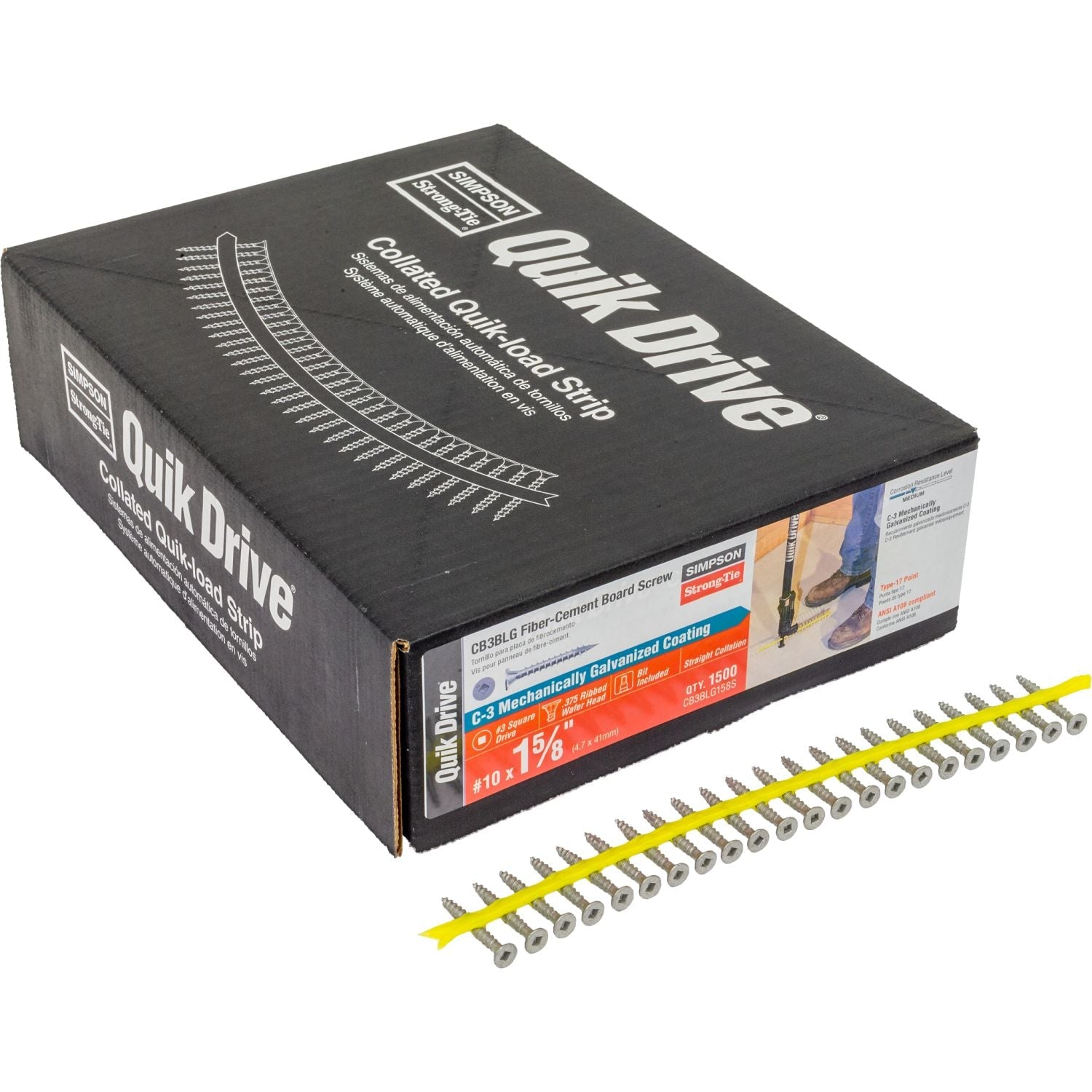 Simpson Strong-Tie CB3BLG158S CB3BLG Fiber-Cement Board Screw (Collated),  #10 x 1-5/8-in. #3 SQU, 1500-Pack