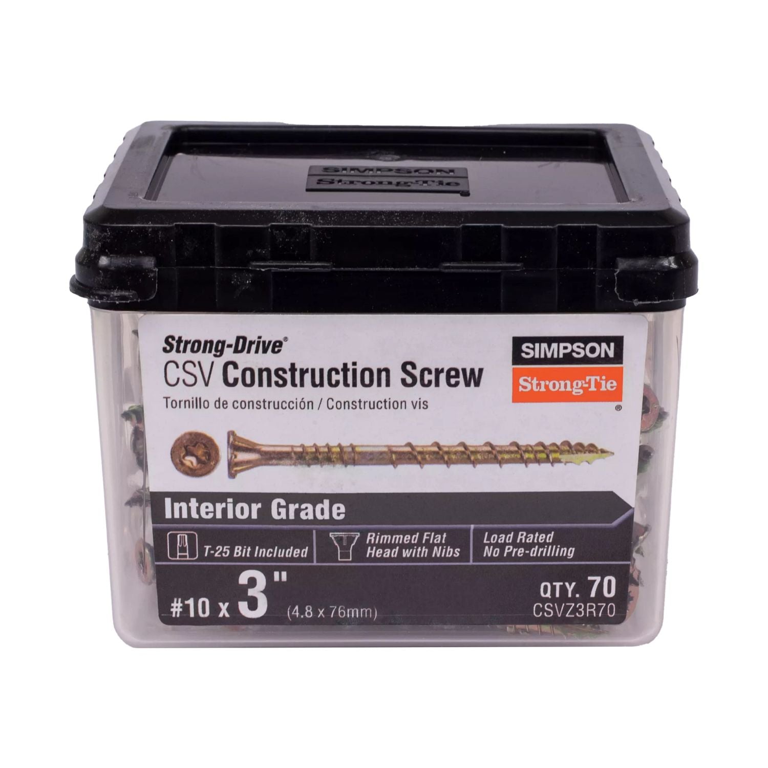 Simpson Strong-Tie CSVZ3R70 Strong-Drive CSV Construction Screw,  #10 x 3-in. T25, Flat Head, Yellow Zinc, 70-Pack