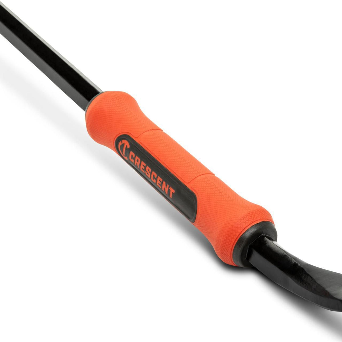 Close-up of the orange and black dual-material grip on the Crescent 24-in. Adjustable Pry Bar