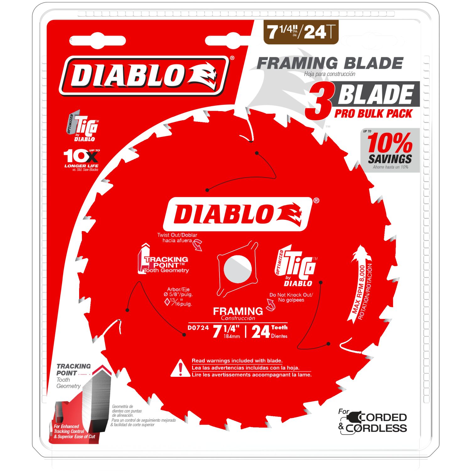 Diablo D0724X3 7-1/4 in. x 24-Tooth Framing Saw Blade, 3-Pack