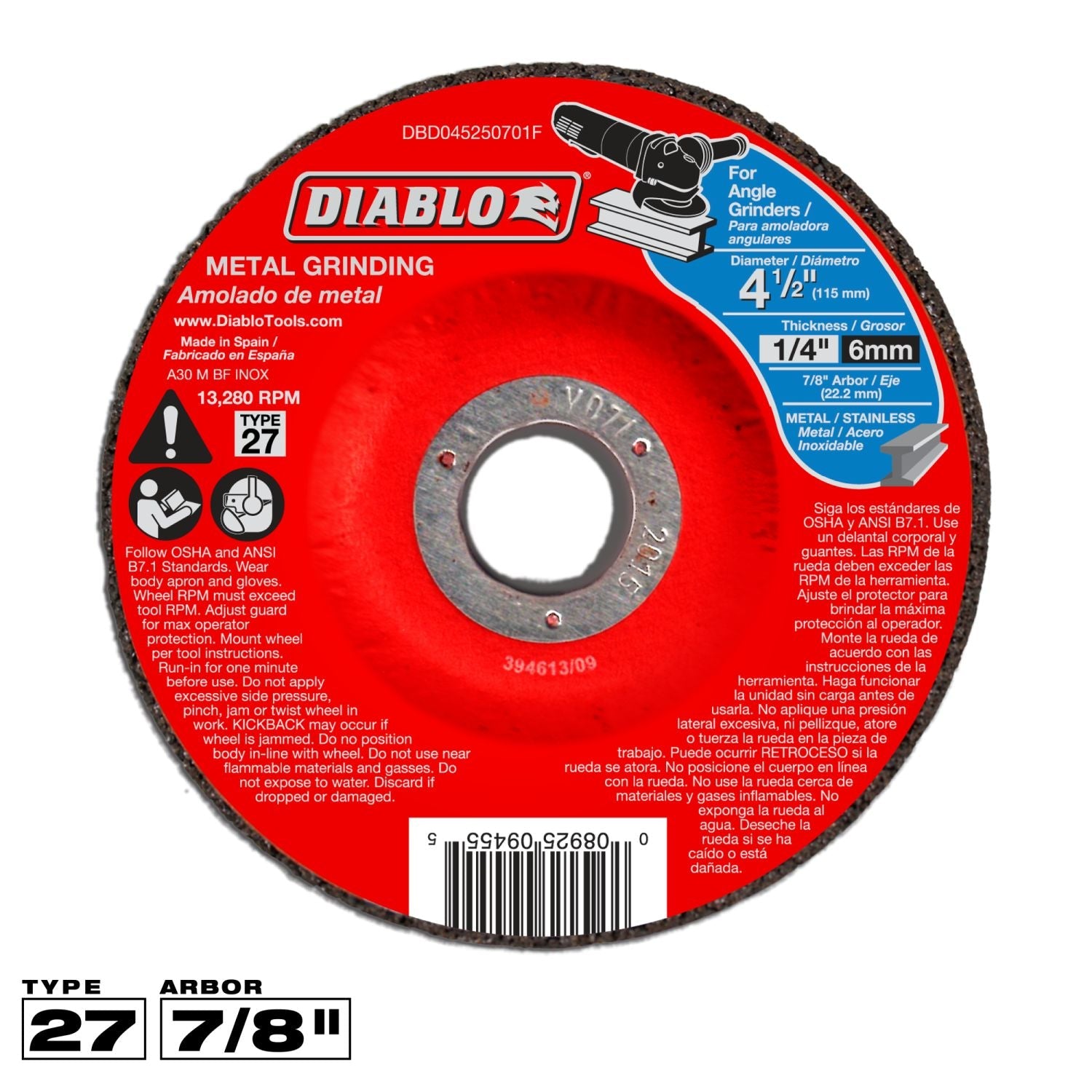 Diablo DBD045250701F 4-1/2 Inch Metal Grinding Disc - Type 27