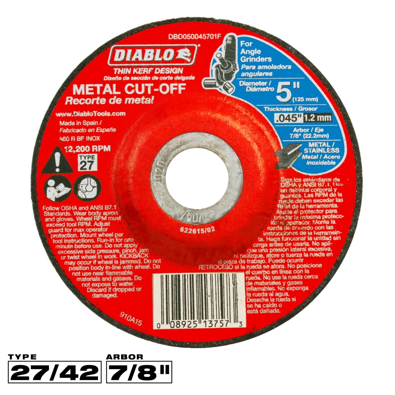 Diablo DBD050045701F 5 in. Type 27 Metal Cut-Off Disc