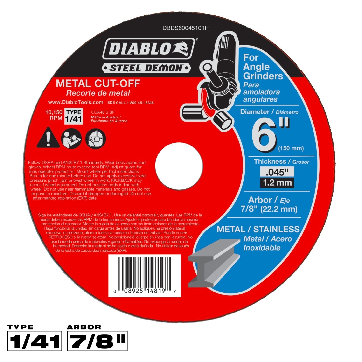 Diablo DBDS60045101F 6 in. Type 1 Steel Demon Metal Cut-Off Disc