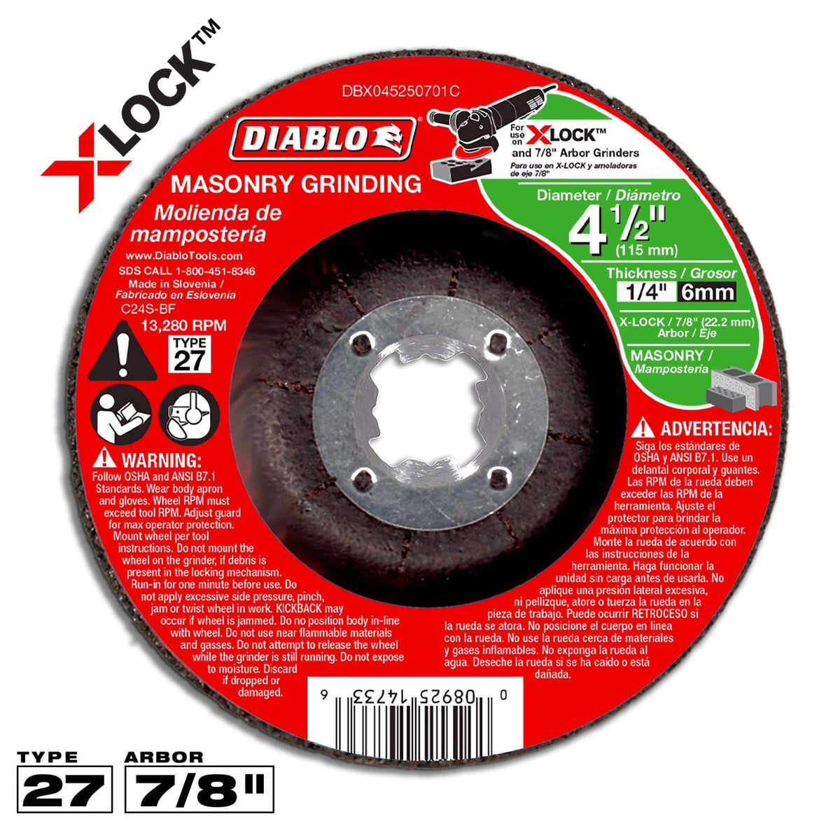 Diablo DBX045250701C 4-1/2 Inch Type 27 Masonry Grinding Disc for X-Lock and All Grinders