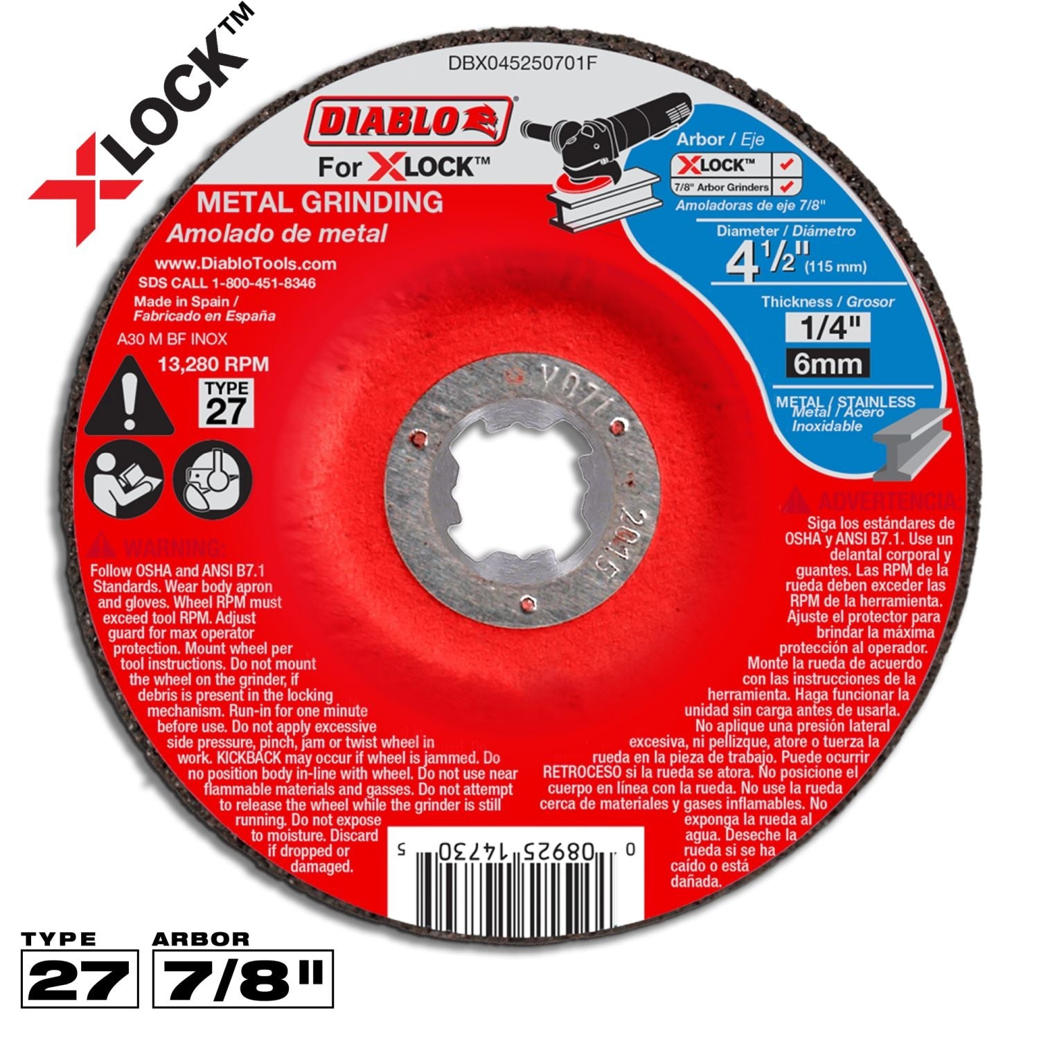 Diablo DBX045250701F 4-1/2 Inch Type 27 Metal Grinding Disc for X