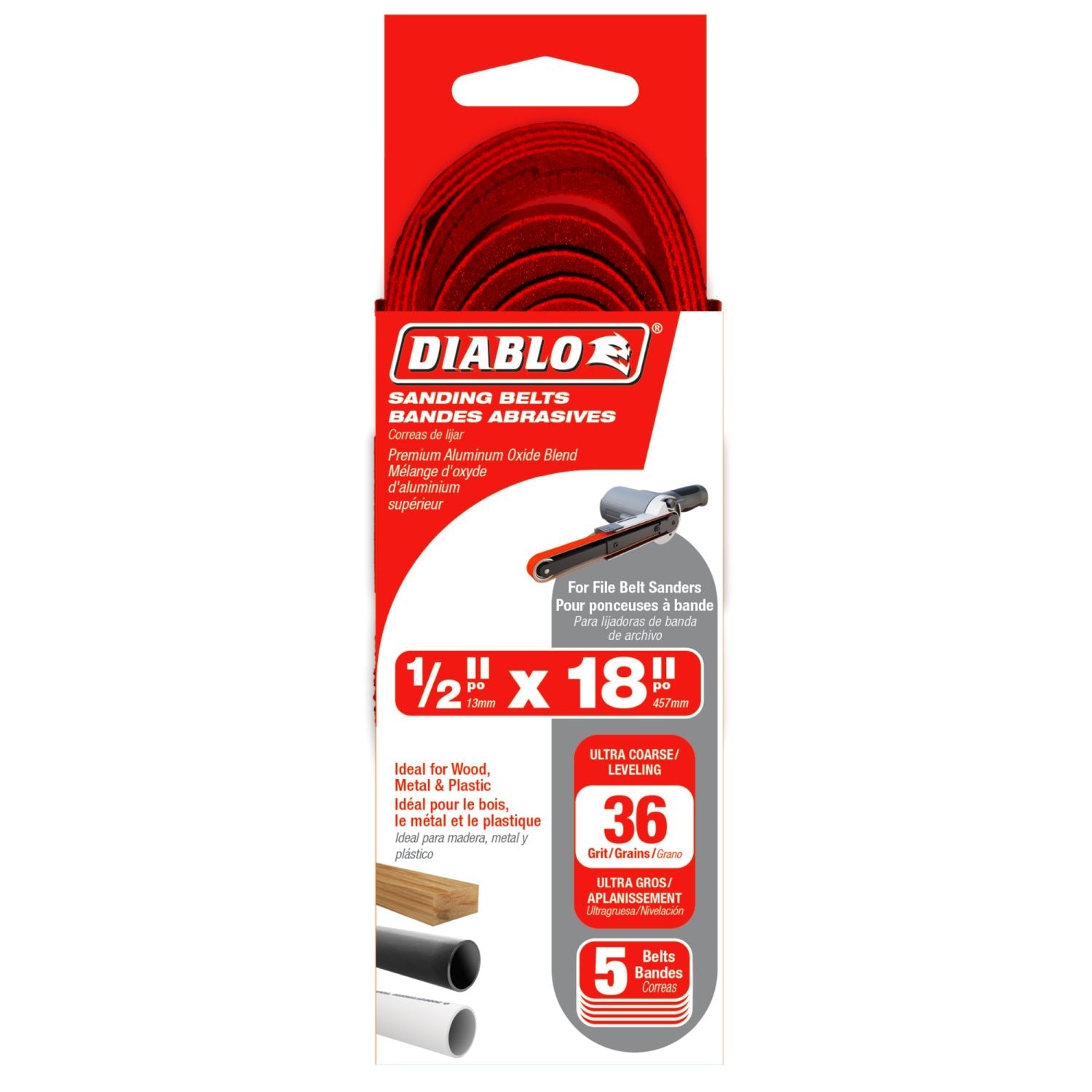 Diablo DCB518036S05G 1/2 in. x 18 in. 36-Grit (Ultra Coarse) Detail File Sanding Belt (5-Pack)