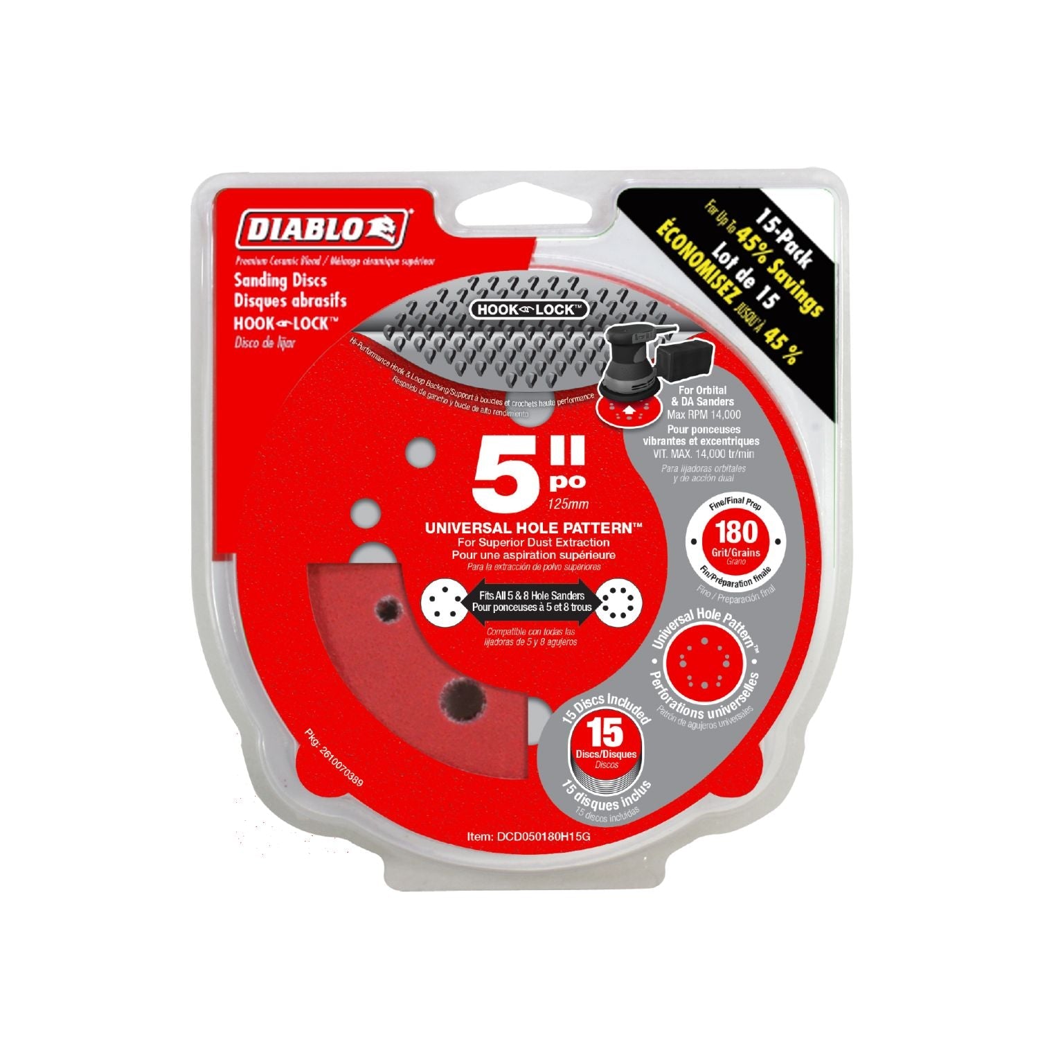 Diablo DCD050180H15G 5 Inch ROS Disc Hook & Lock 180 Grit , 15-Pack