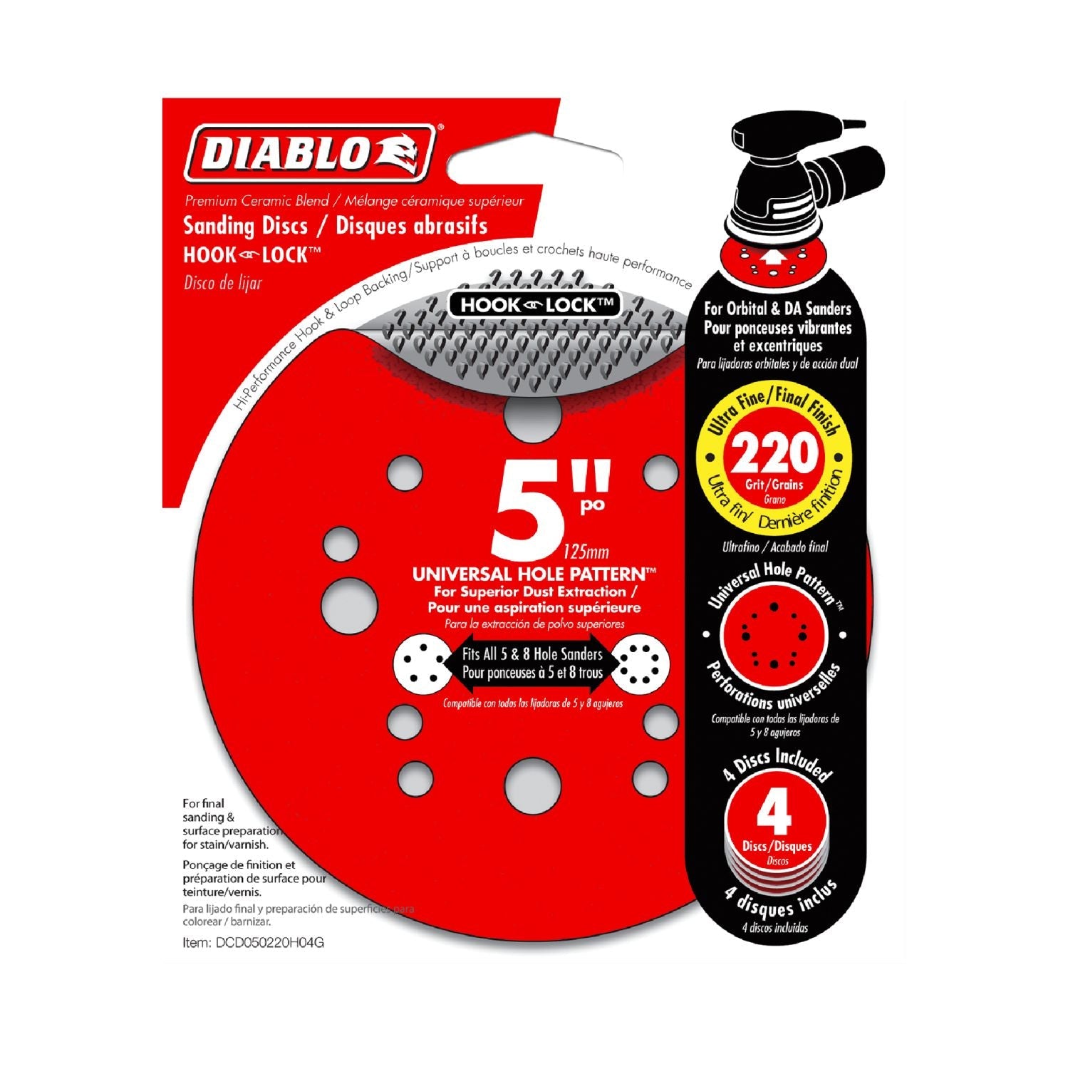 Diablo DCD050220H04G 5-in. 220-Grit Hook & Lock ROS Sanding Discs, 4-Pack