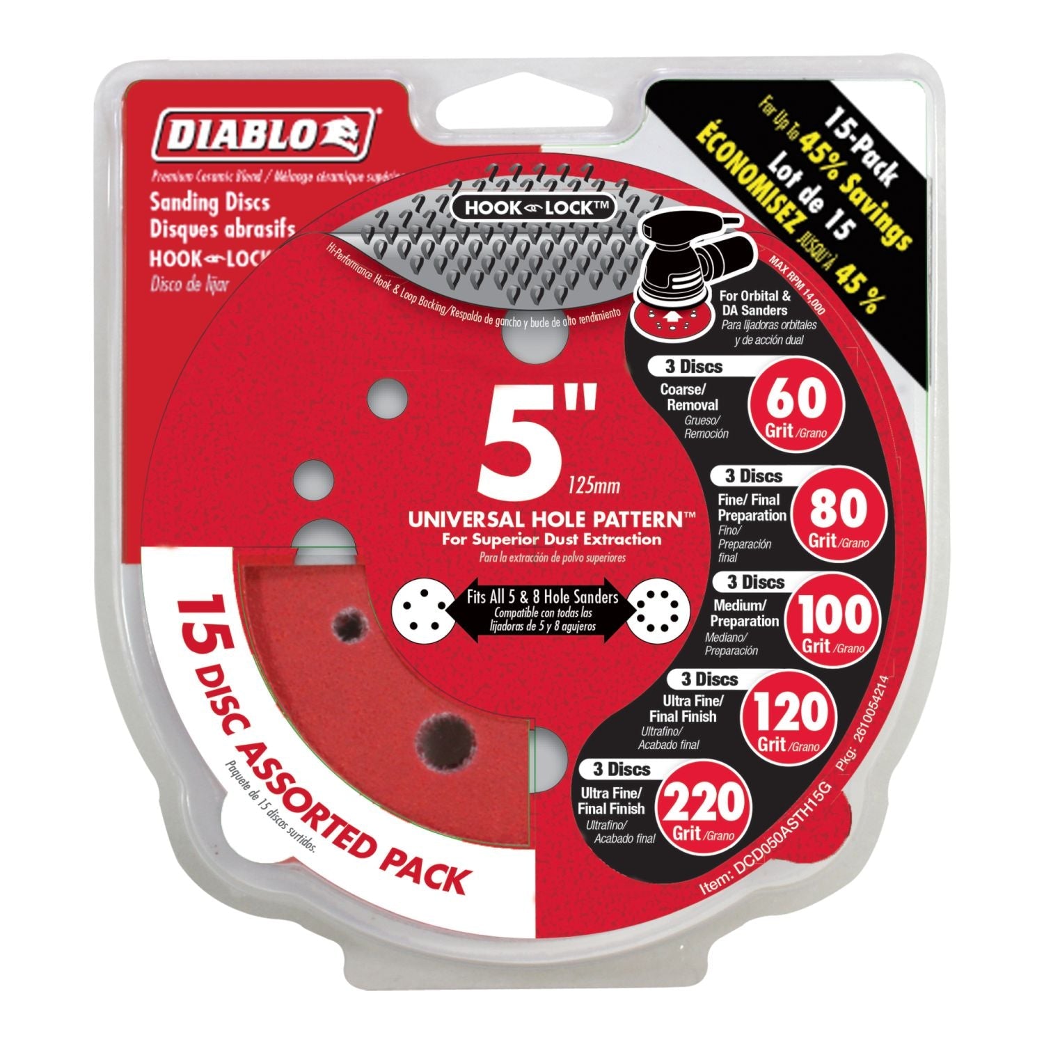 Diablo DCD050ASTH15G 5 in. Hook & Lock ROS Sanding Disc Set (15-Piece)