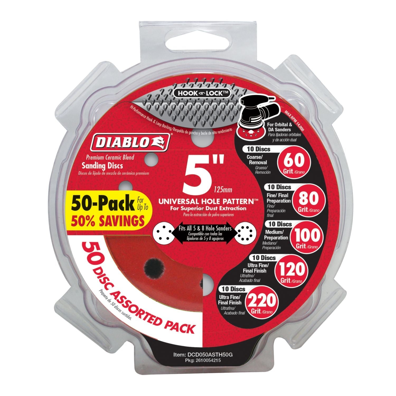 Diablo DCD050ASTH50G 5 in. Assorted Hook & Lock ROS Sanding Discs (50-Piece)
