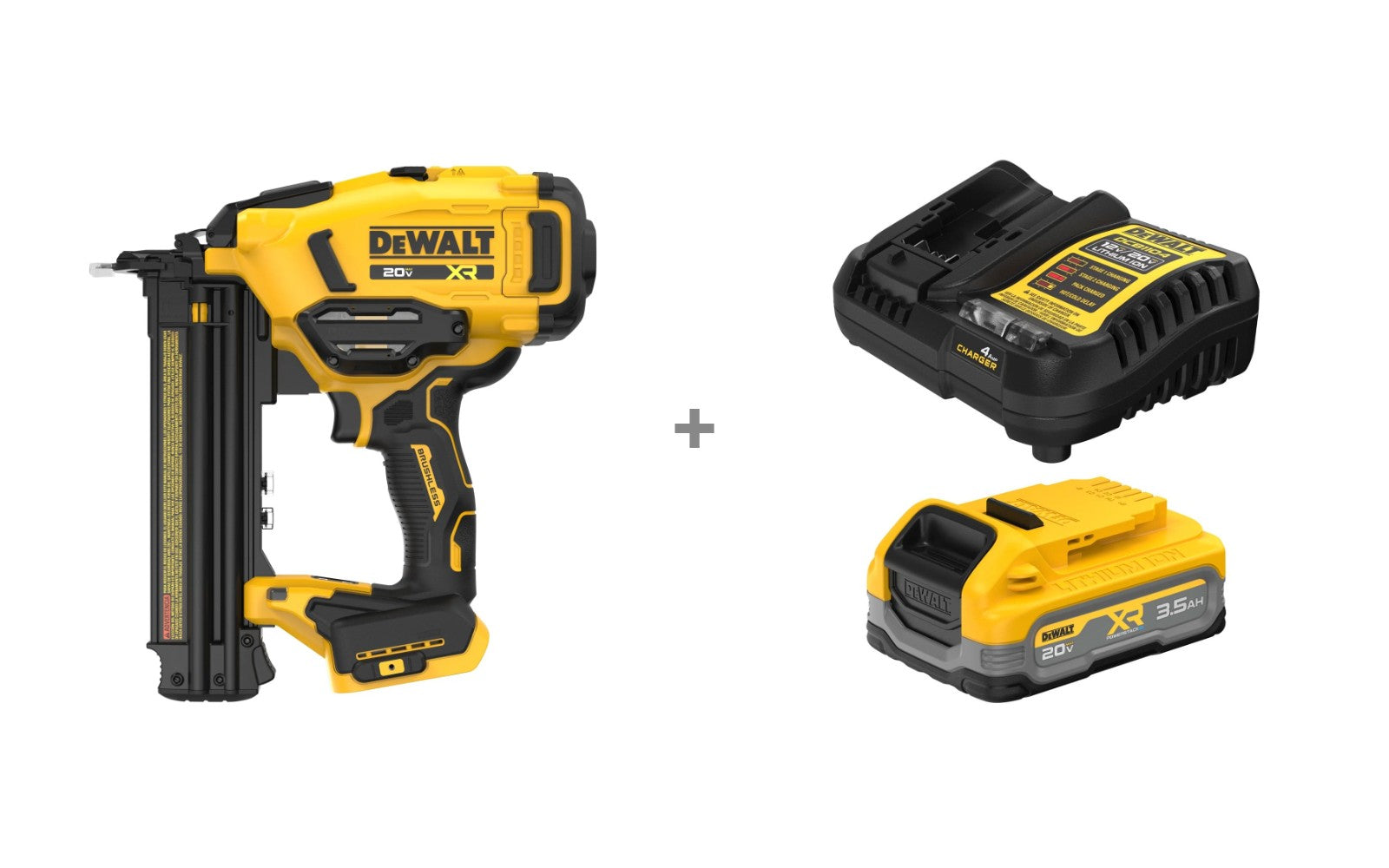 DeWALT DCN210B 20V MAX XR Brad Nailer and DCBP320C POWERSTACK 3.5Ah Battery & Charger Kit shown side by side as a bundle