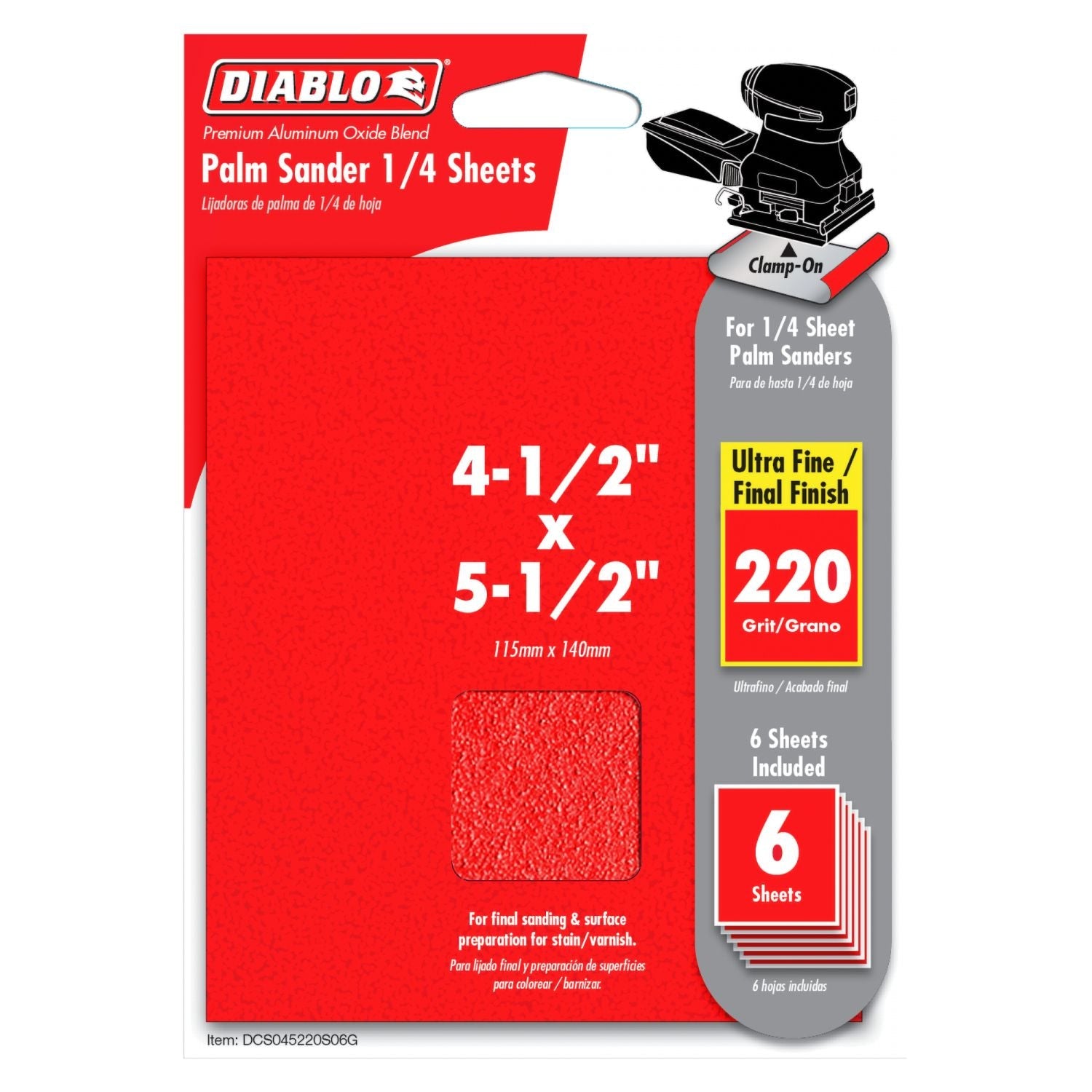 Diablo DCS045220S06G 4-1/2 Inch x 5-1/2 Inch Palm Sander 1/4 Sheet 220 Grit , 6-Pack