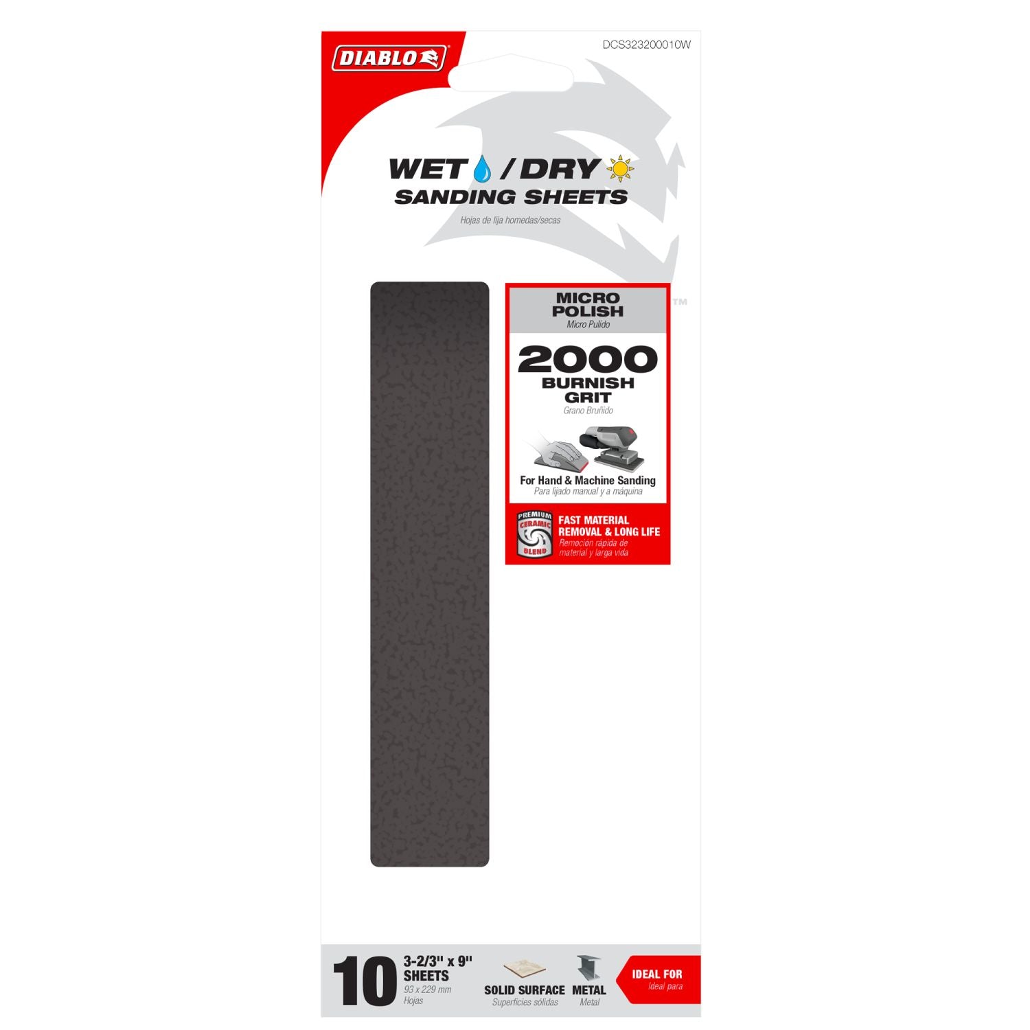 Diablo DCS323200010W Wet/Dry 1/3 Sheet (3-2/3 in x 9-inch) 2000-Grit (Micro Polish) Sanding Sheet, 10-Piece