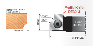 Freud Performance System Profile Knives for 32mm Door Edge Cutter Heads, Bottom Profile for DE320-U (DE32-J) profile diagram