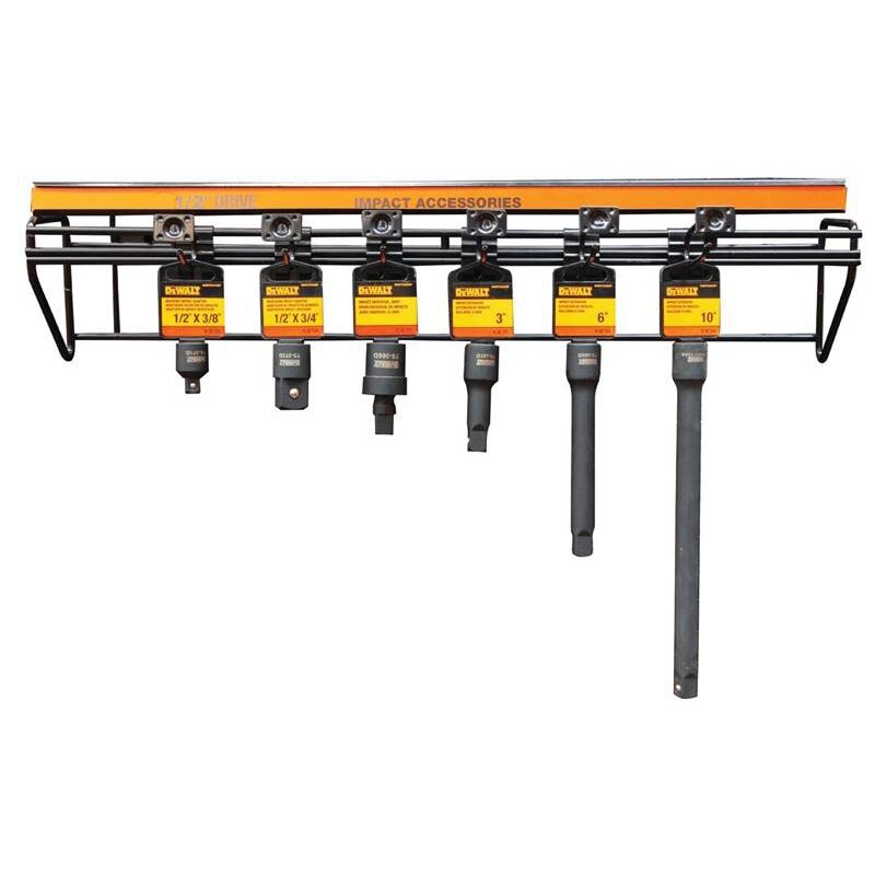 DeWALT DWMT74216 1/2-in. drive impact accessories on hang cards: reducing and increasing adapters, universal joint, and 3, 6, and 10-in. extensions