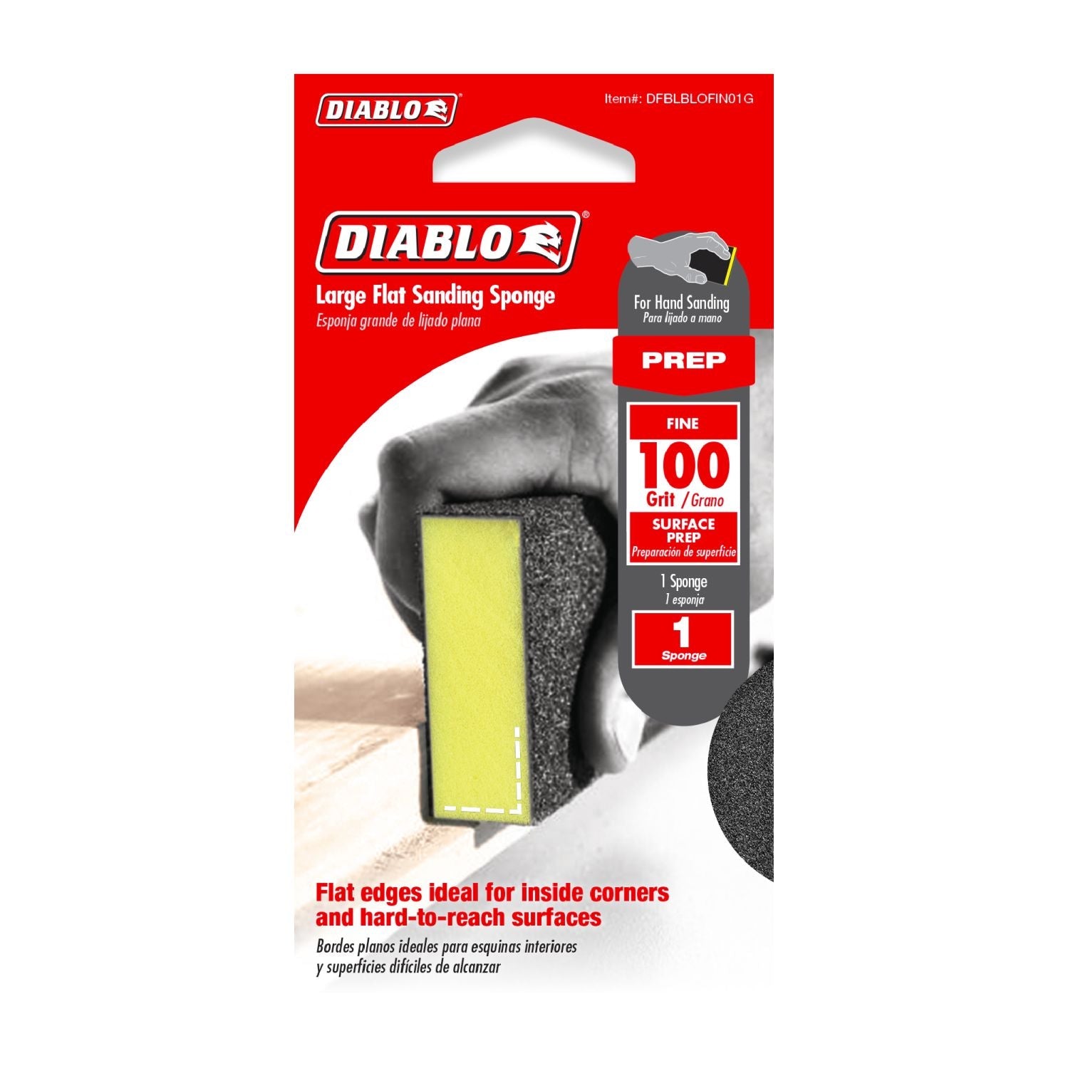 Diablo DFBLBLOFIN01G 5 in. x 3 in. x 1 in. 100 Grit Large Flat Edge Sanding Sponge