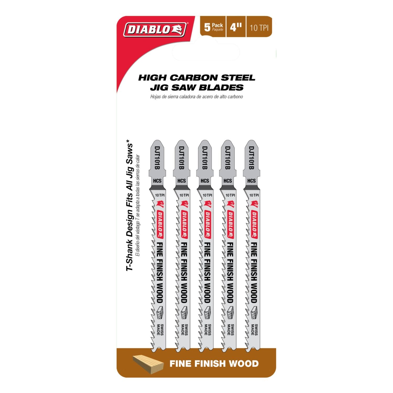 Diablo DJT101B5 4-Inch 10 TPI High Carbon Steel T-Shank Jig Saw Blades for Fine Finish Cuts, 5-Pack