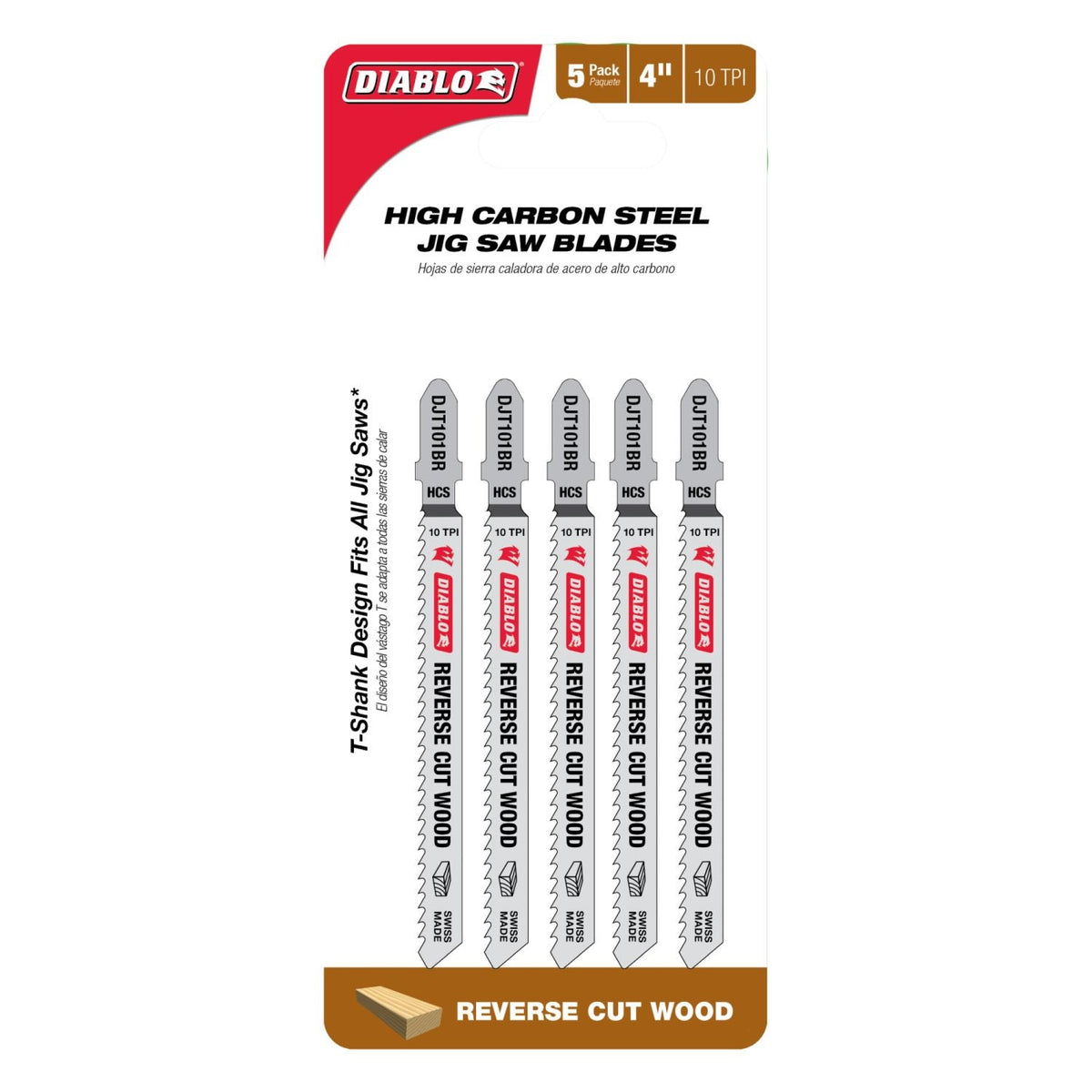 Diablo DJT101BR5 4-Inch 10 TPI High Carbon Steel T-Shank Jig Saw Blades for Reverse Cuts, 5-Pack