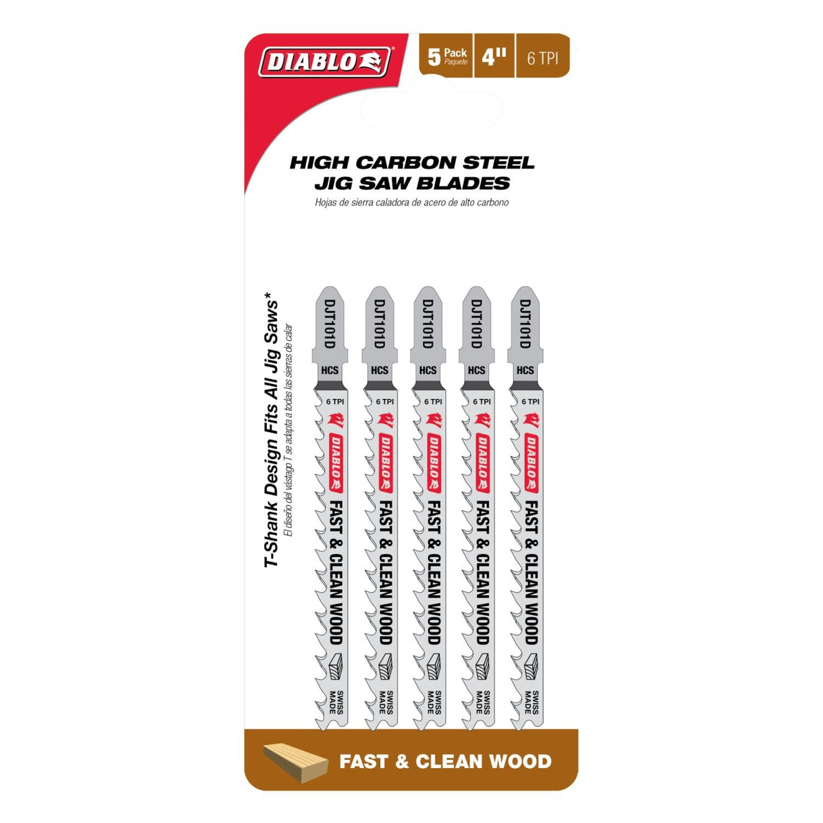 Diablo DJT101D5 4-Inch 6 TPI High Carbon Steel T-Shank Jig Saw Blades for Fast Cuts in Clean Wood, 5-Pack