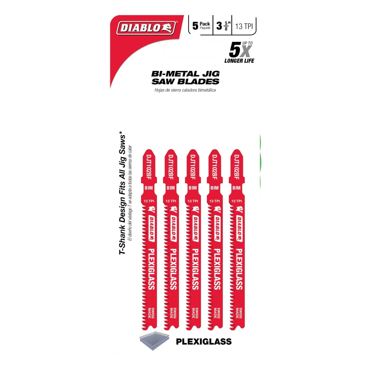 Diablo DJT102BF5 3-5/8-Inch 13 TPI Bi-Metal T-Shank Jig Saw Blades for Plexiglass, 5-Pack