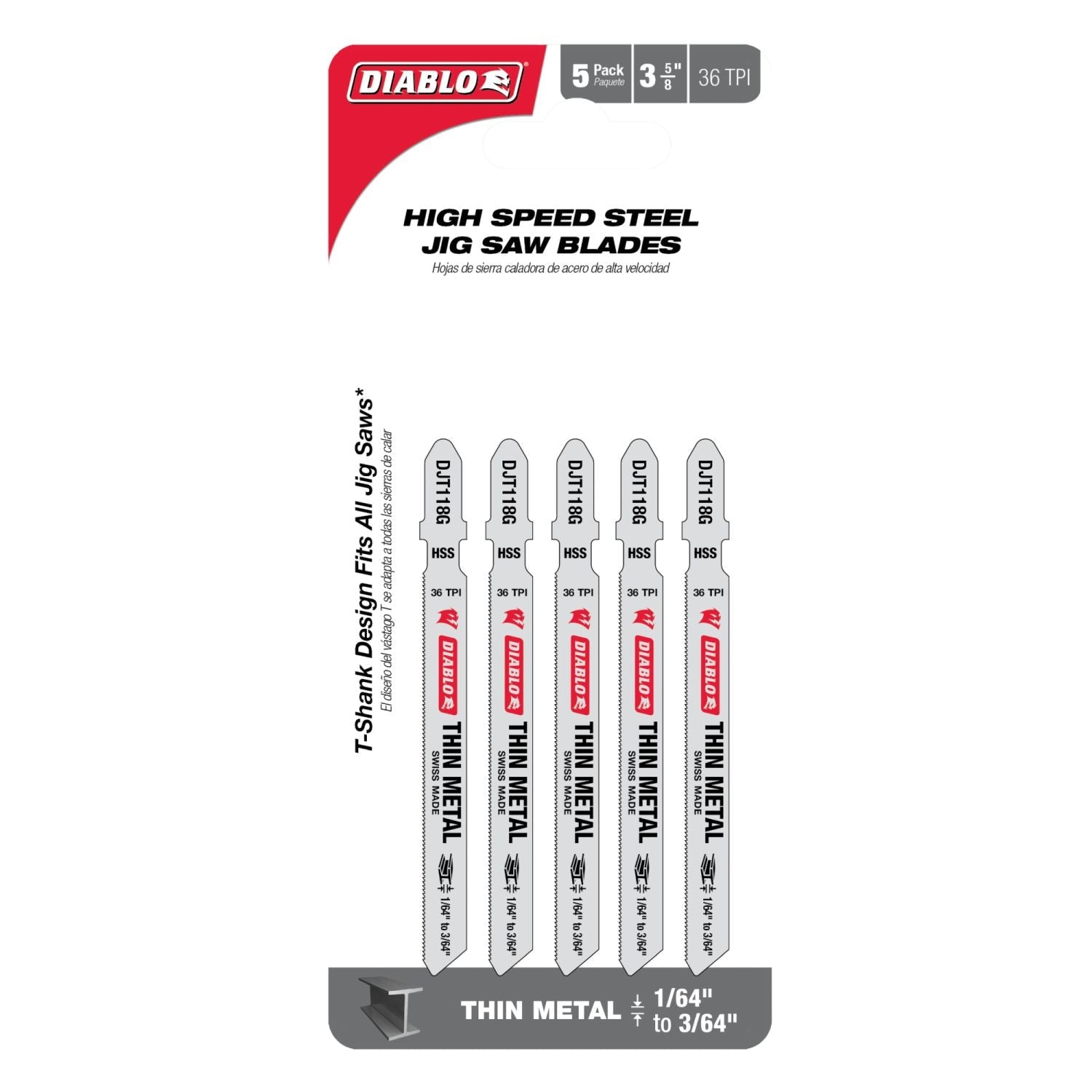 Diablo DJT118G5 3-5/8-Inch 36 TPI High Speed Steel T-Shank Jig Saw Blades for Thin Metal, 5-Pack
