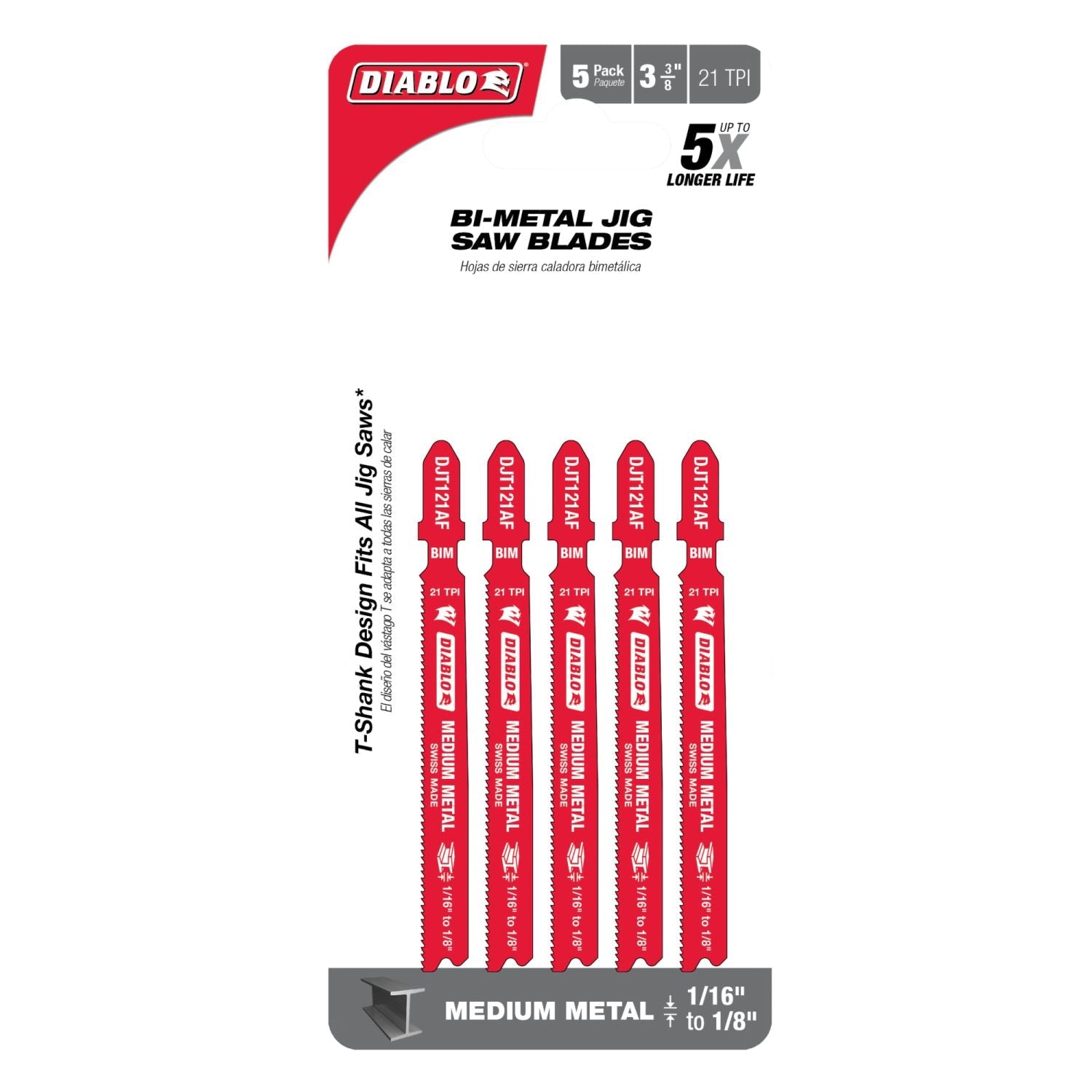 Diablo DJT121AF5 3-5/8-Inch 21 TPI Bi-Metal T-Shank Jig Saw Blades for Medium Metal, 5-Pack