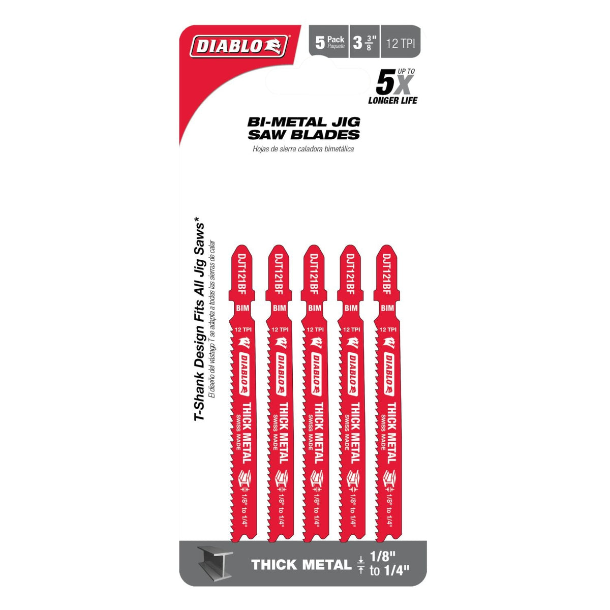 Diablo DJT121BF5 3-3/8-Inch 12 TPI Bi-Metal T-Shank Jig Saw Blades for Thick Metal, 5-Pack