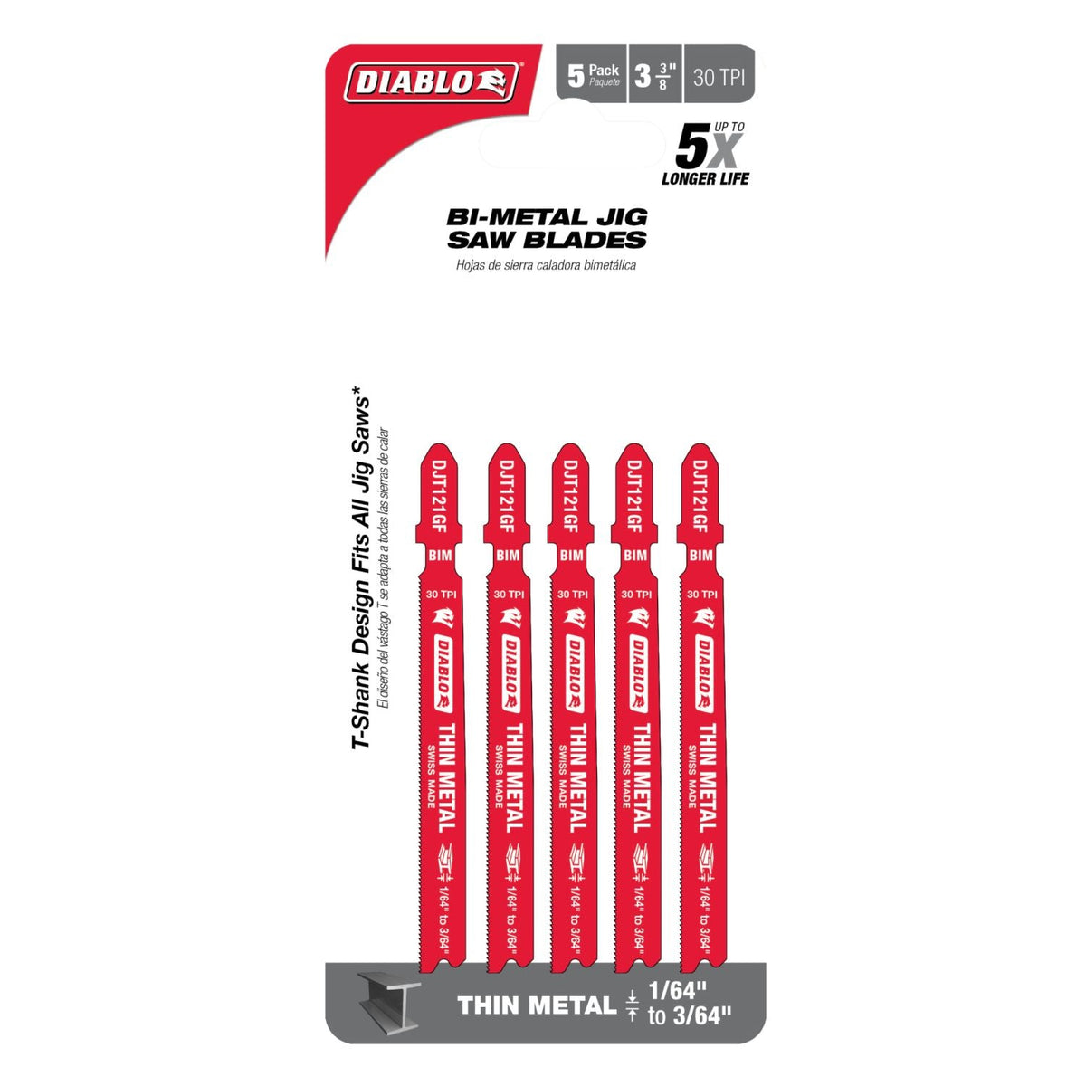 Diablo DJT121GF5 3-5/8-Inch 30 TPI Bi-Metal T-Shank Jig Saw Blades for Thin Metal, 5-Pack