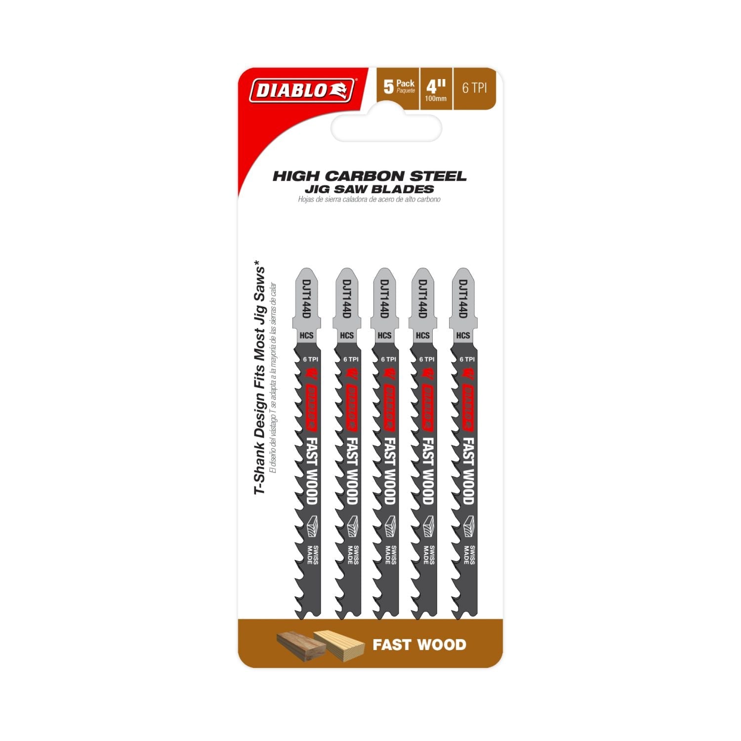 Diablo DJT144D5 4-Inch 6 TPI High Carbon Steel T-Shank Jig Saw Blades for Fast Wood Cuts, 5-Pack