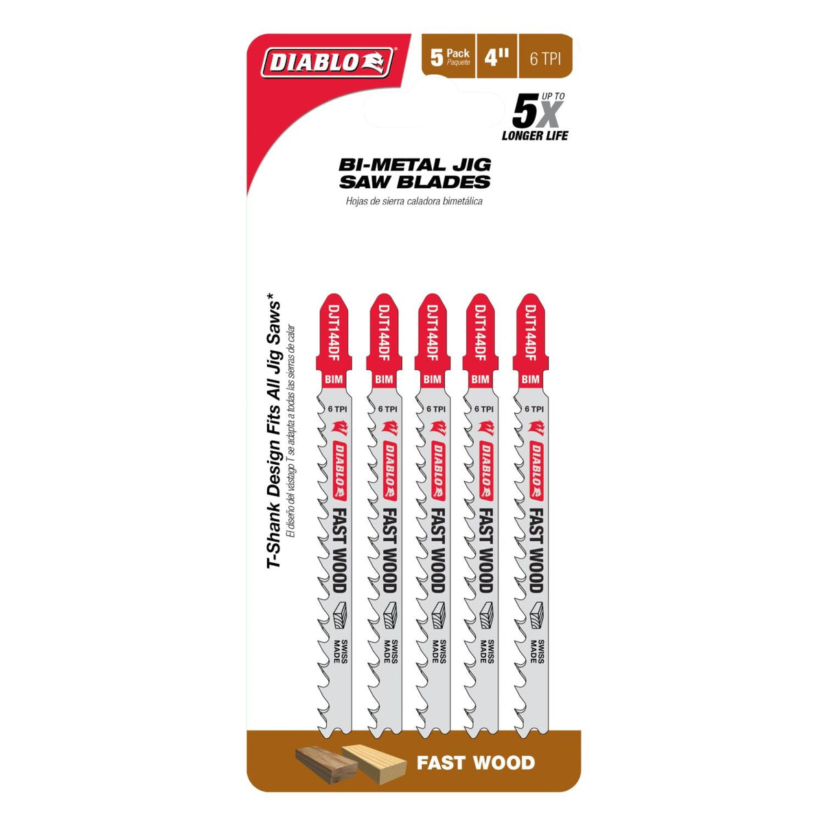 Diablo DJT144DF5 4-Inch 6 TPI Bi-Metal T-Shank Jig Saw Blades for Fast Wood Cuts, 5-Pack
