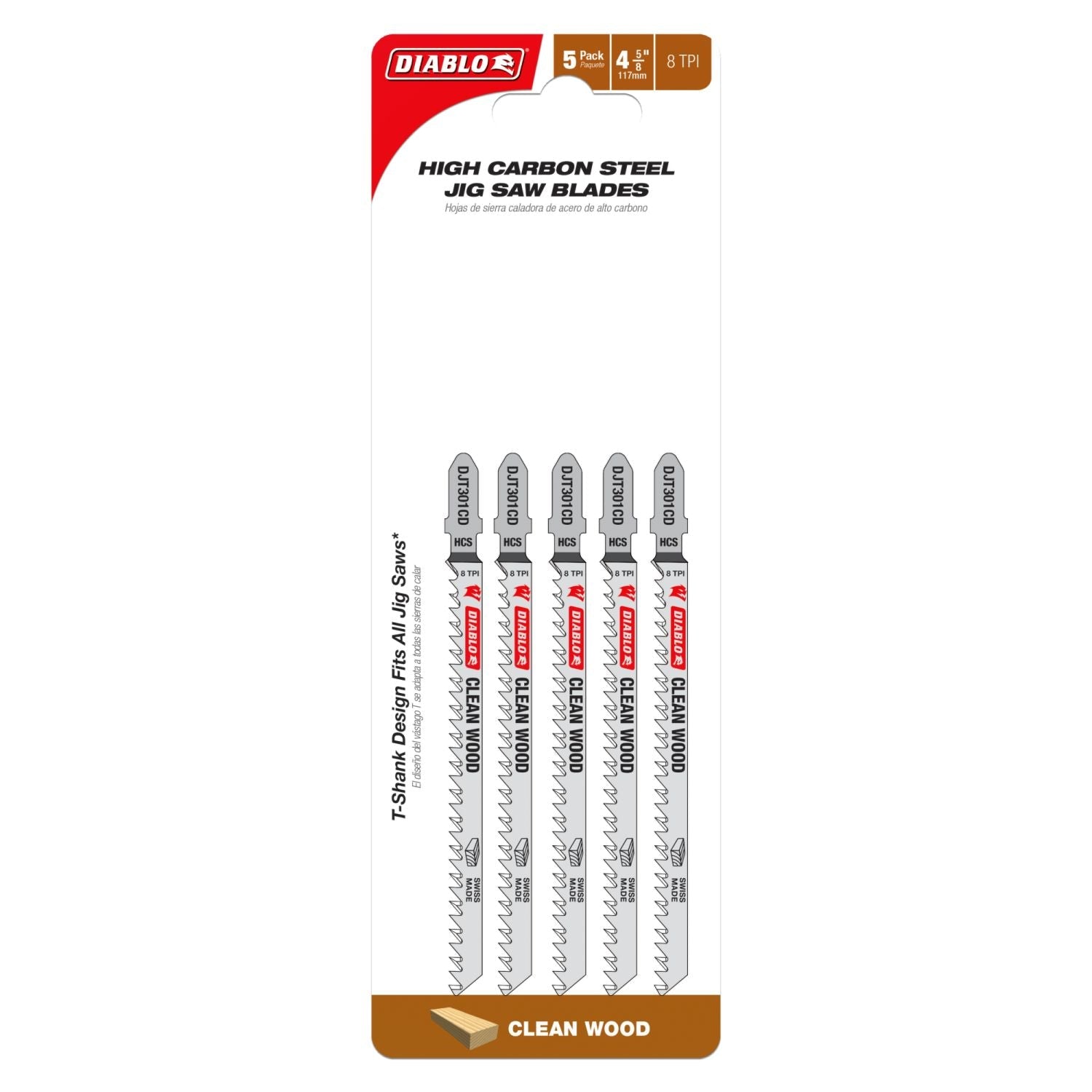 Diablo DJT301CD5 4-5/8 in. 8 TPI High Carbon Steel T-Shank Jig Saw Blades for Wood (5-Pack)