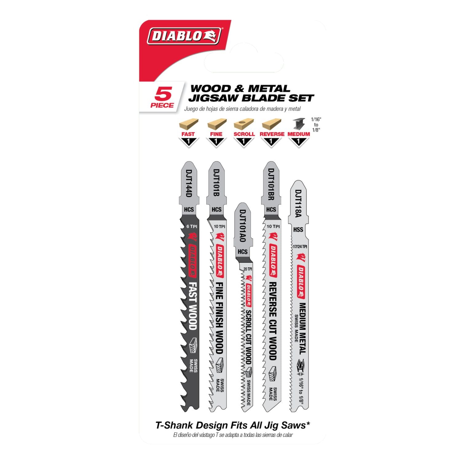 Diablo DJT5S High Carbon Steel/High Speed Steel T-Shank Jig Saw Blade 5-Piece Set