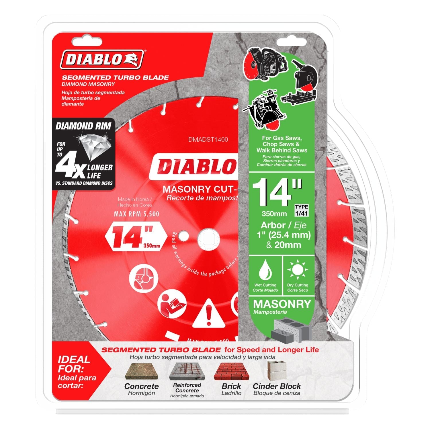 Diablo DMADST1400 14 in. Diamond Segmented Turbo Cut-Off Discs for Masonry