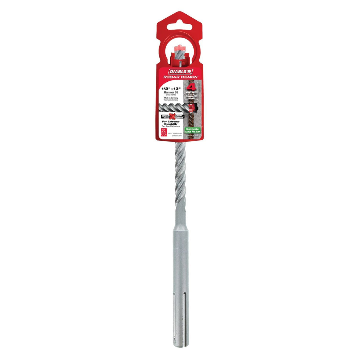 Diablo DMAMX1020 1/2 Inch x 8 Inch x 13 Inch Rebar Demon SDS-Max 4-Cutter Full Carbide Head Hammer Drill Bit
