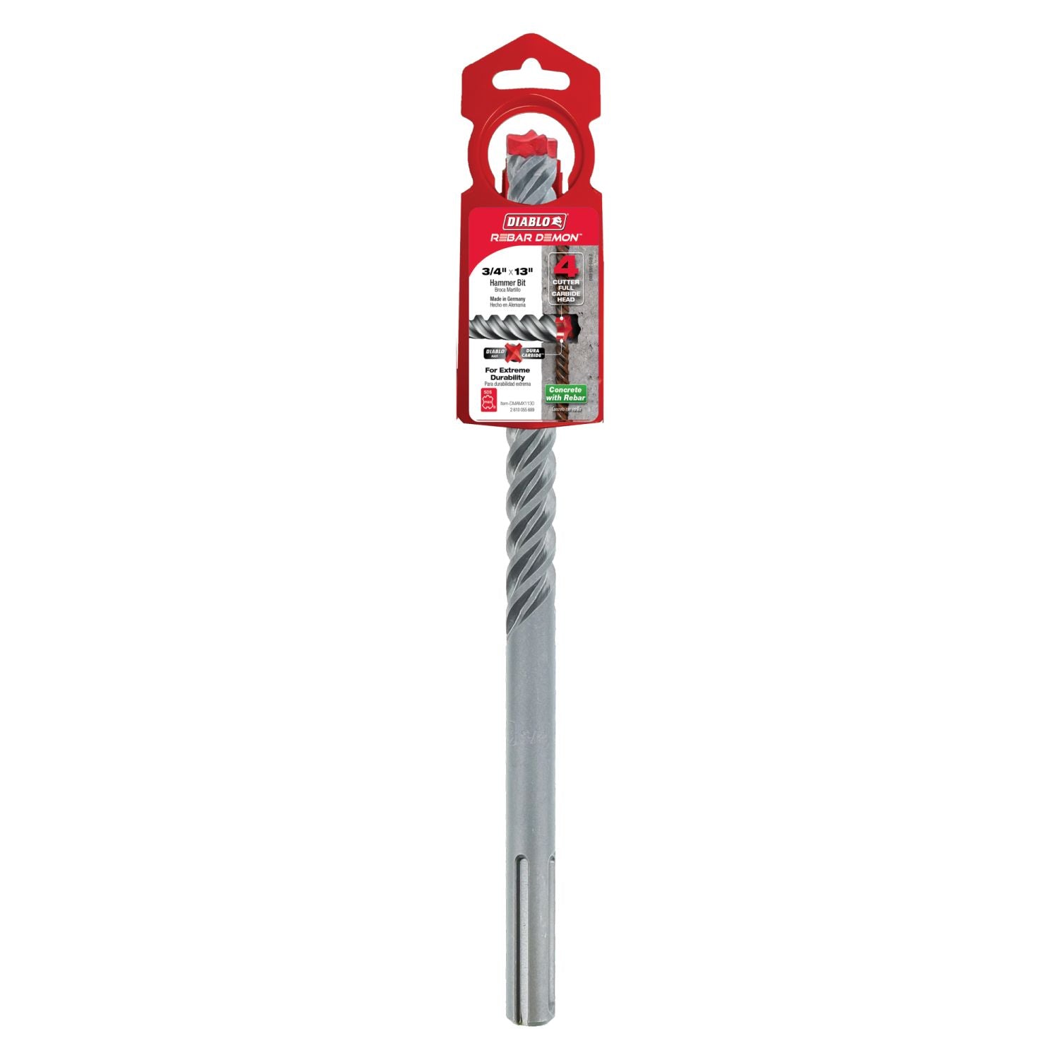 Diablo DMAMX1130 3/4 Inch x 8 Inch x 13 Inch Rebar Demon SDS-Max 4-Cutter Full Carbide Head Hammer Drill Bit