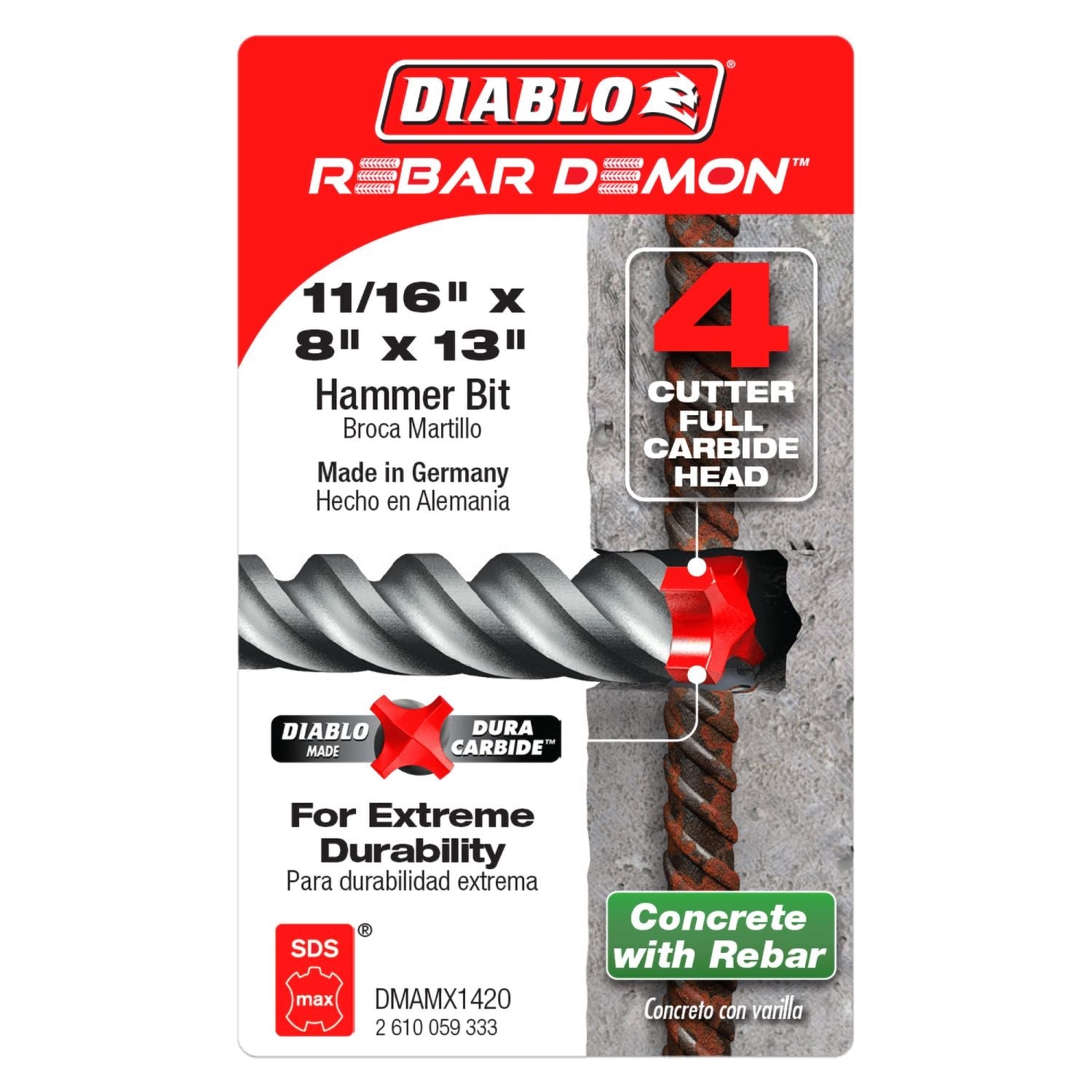 Diablo DMAMX1420 11/16 in. x 8 in. x 13 in. Rebar Demon SDS-Max 4-Cutter Full Carbide Head Hammer Drill Bit