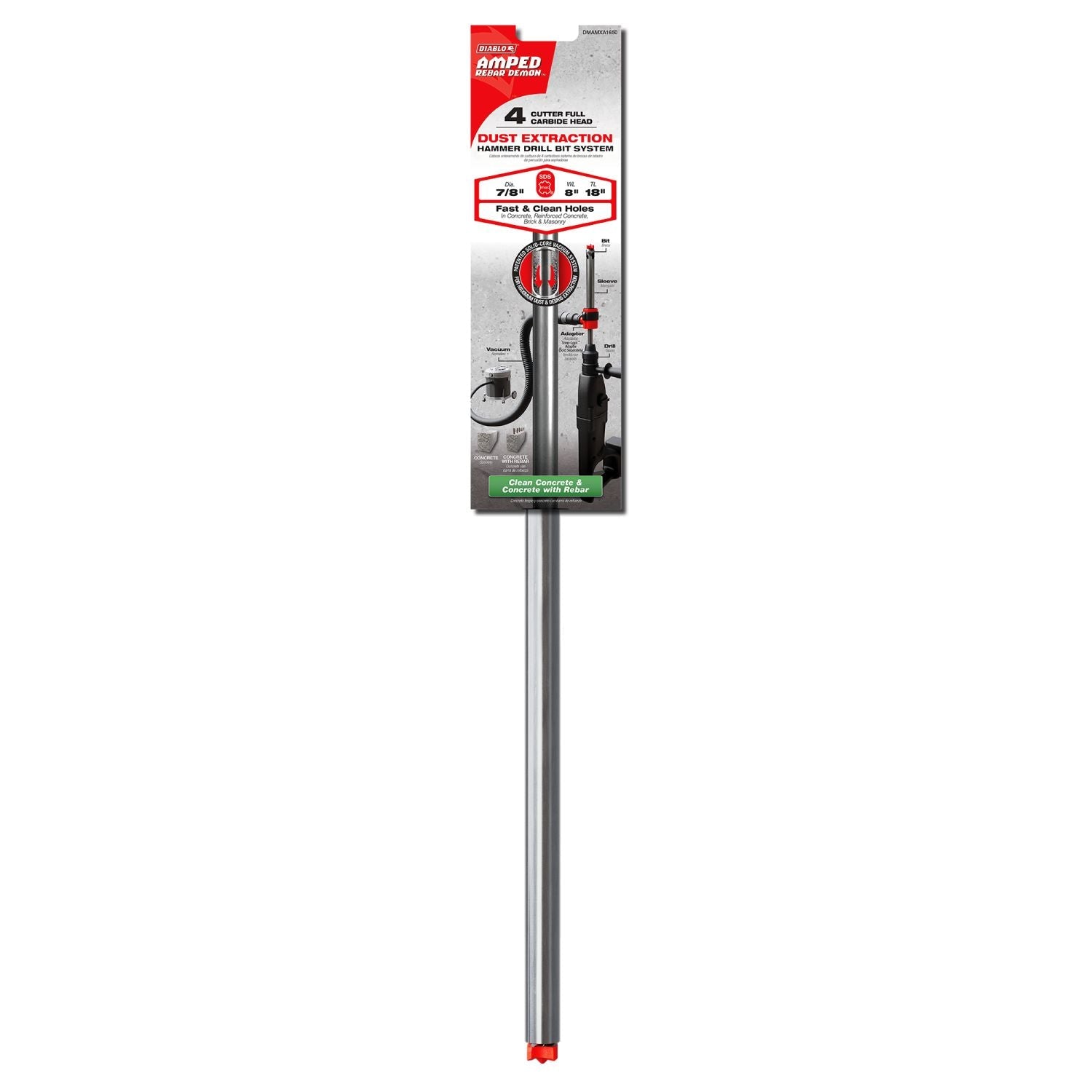 Diablo DMAMXA1650 7/8-in. x 8-in. x 18-in. AMPED Rebar Demon SDS-Max 4-Cutter Full Carbide Head Dust Extraction Hammer Drill Bit