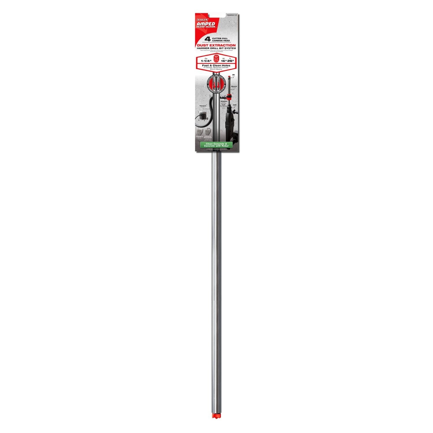 Diablo DMAMXA1740 1-1/4-in. x 16-in. x 26-in. AMPED Rebar Demon SDS-Max 4-Cutter Full Carbide Head Dust Extraction Hammer Drill Bit